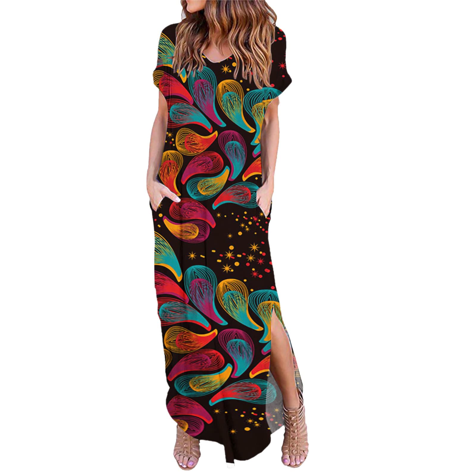 Women's Summer Maxi Dress - V Neck Floral Print Long Loose Casual Dress with Pockets | Perfect for Beach Vacations, Date Nights & Summer Outings