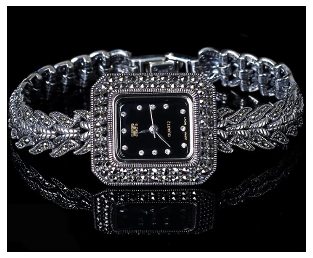 CHXISHOP 925 Sterling Silver Retro Ethnic Women's Watch - Black Diamond Dial Gothic Bracelet Watch for Women | Perfect for Formal Events, Date Nights & Gothic Fashion