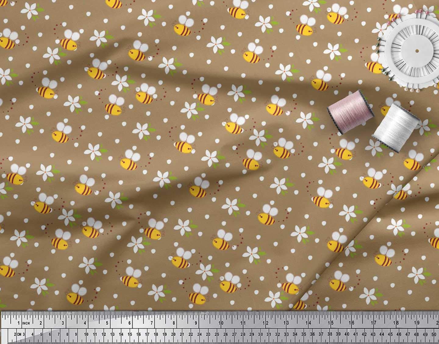 Soimoi Brown Crepe Fabric - 42 Inch Wide Floral Bee Print for Sewing & Crafts