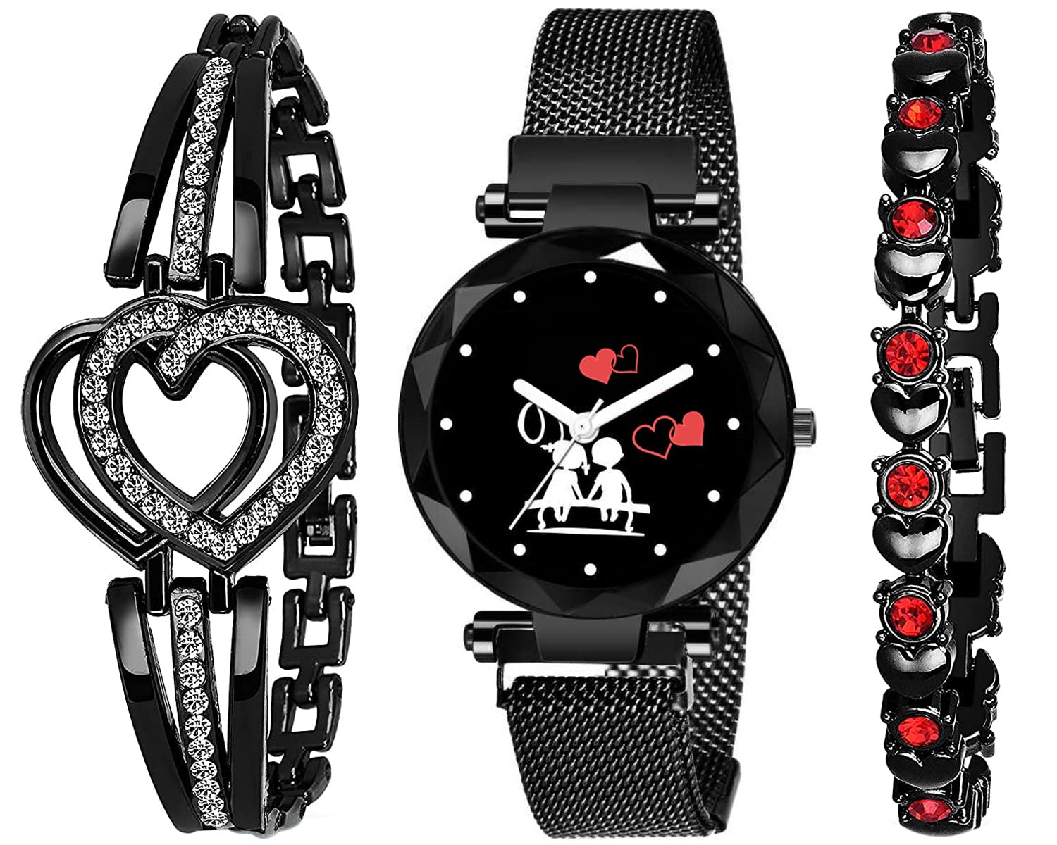 RUSTET Analog Black Dial Magnetic Watch with Gift Bracelet for Women & Girls (3-Piece Set) - Perfect for Everyday Wear, Fashion Accessories & Gift Giving