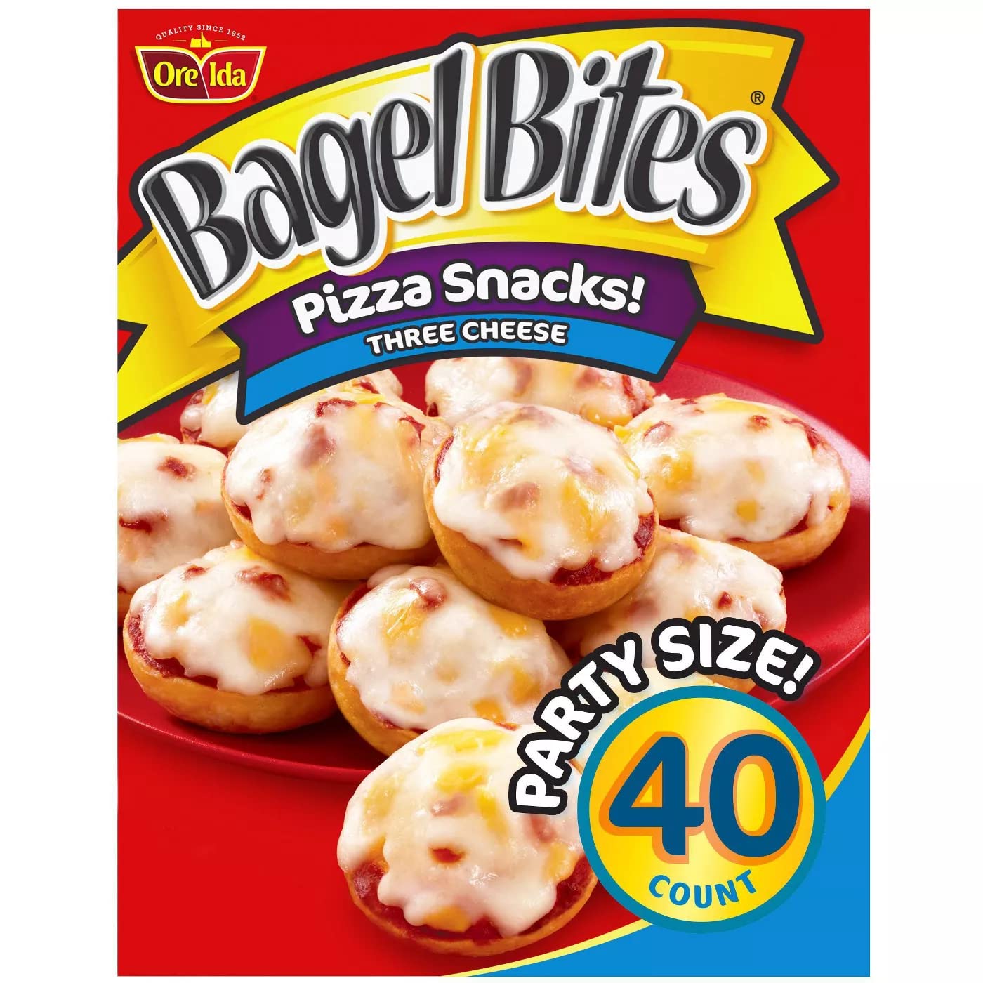 Bagel Bites Three Cheese Frozen Pizza Snacks - Mozzarella, Cheddar & Monterey Jack Cheese (3-Pack, 31.1oz/40ct, Total 120 Bites) | Party Size, Ready to Bake | Supports Donate A Meal Program | Perfect for Game Nights, Kids' Snacks & Quick Meals