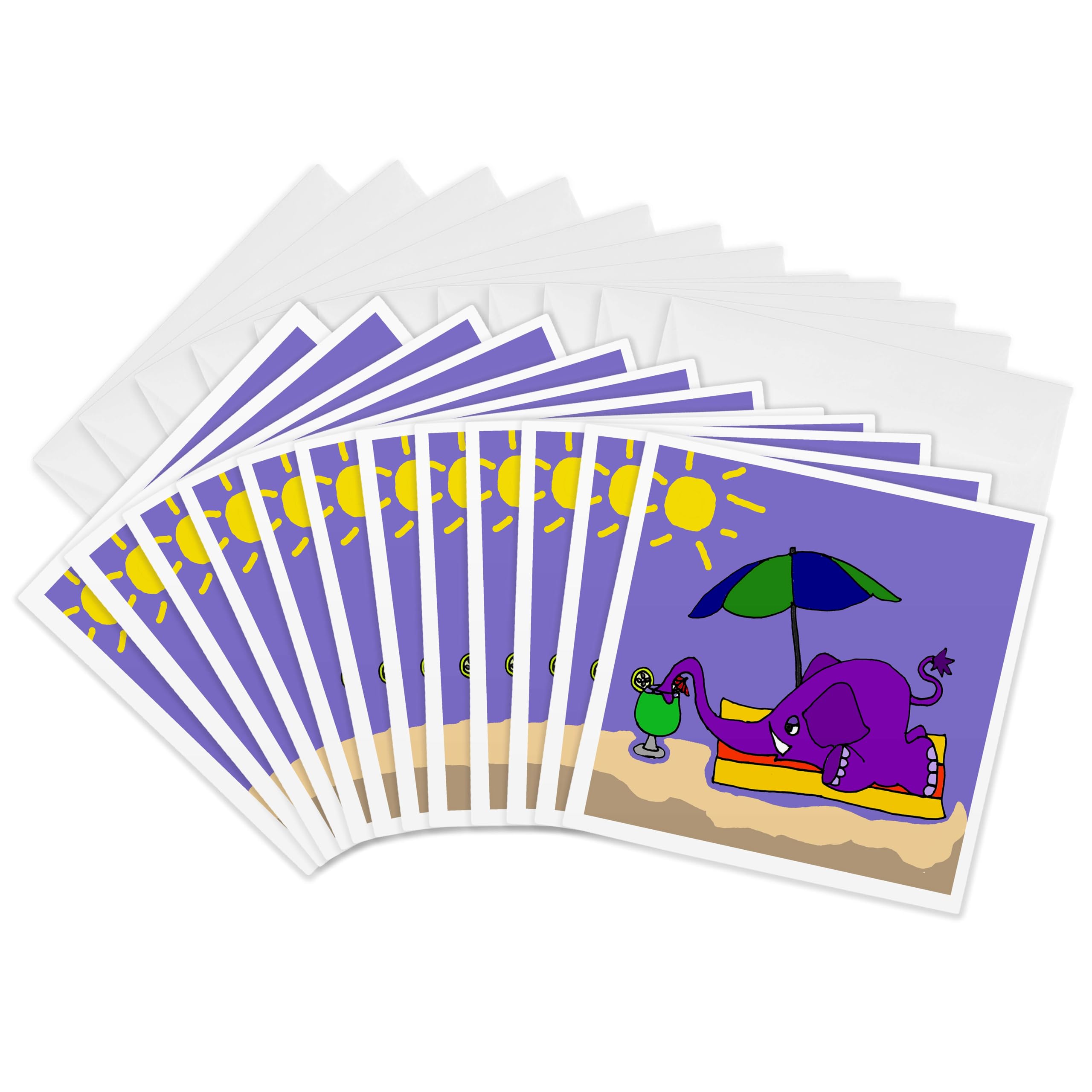 Funny Purple Elephant Sipping Tropical Drink at the Beach - 12 Pack Greeting Cards for Beach Lovers, Summer Parties, and Tropical Themed Events
