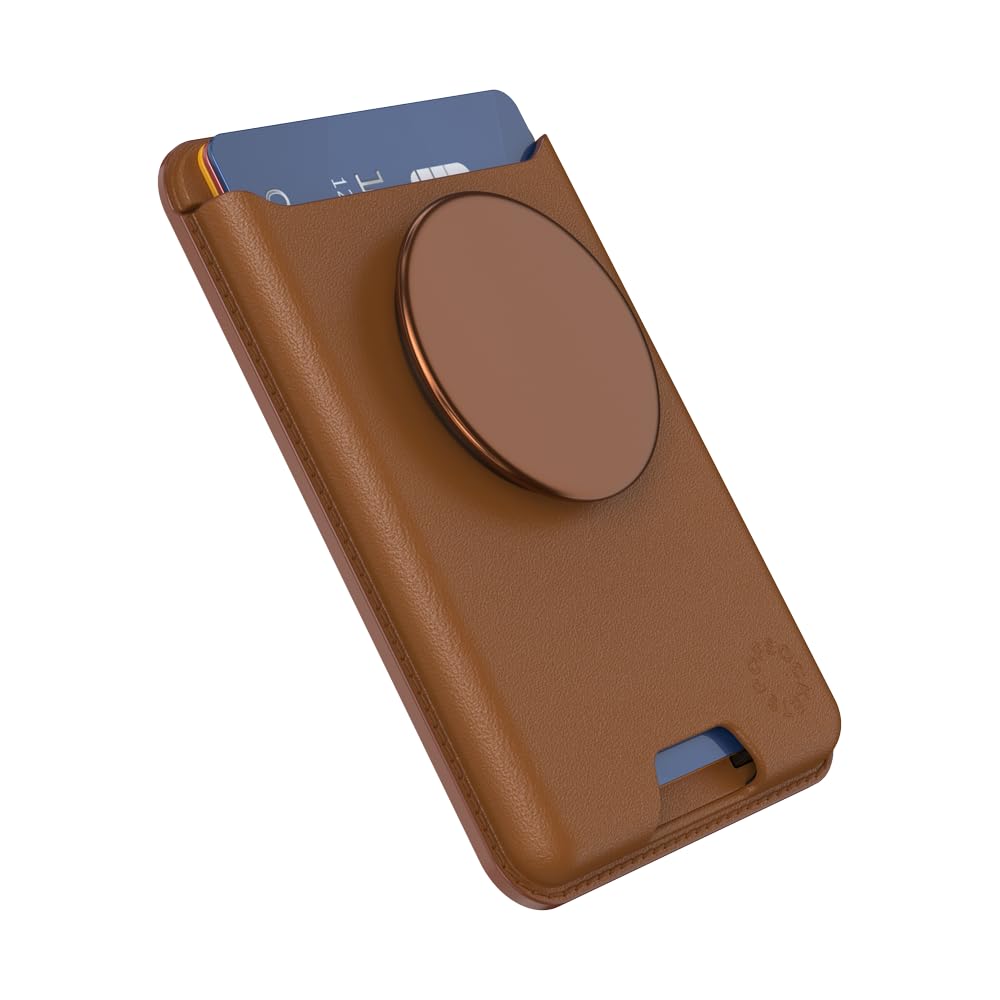 PopSockets Softgoods Phone Wallet with Expanding Grip & MagSafe Adapter Ring - Slim Card Holder for iPhone, Wireless Charging Compatible, Cognac Leather - Perfect for Travel, Commuting & Hands-Free Use