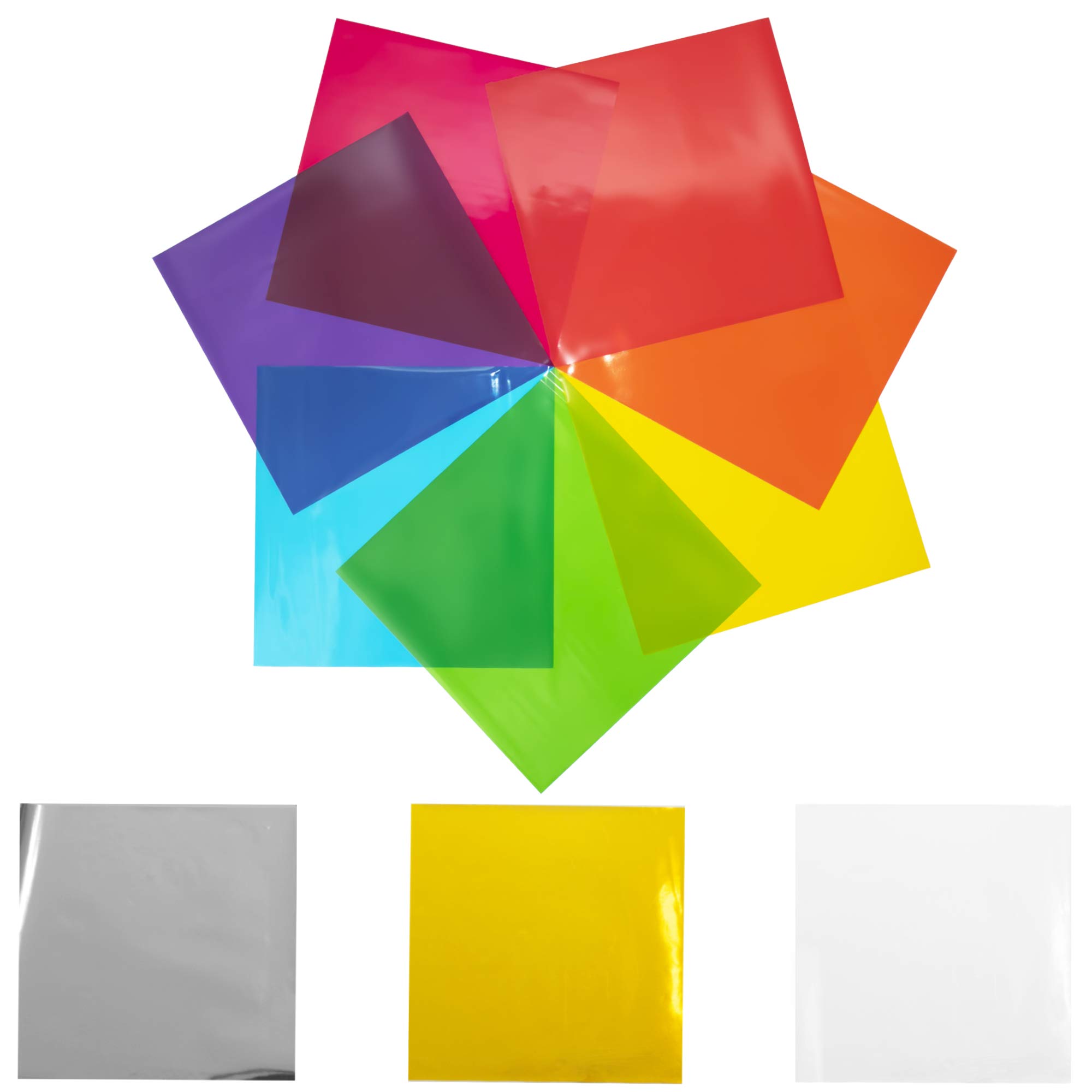 FIESTA WRAPS 120-Pack 8x8 Inch Colored Cellophane Sheets (10 Colors Including Silver & Gold) - Transparent Wrapping Paper for Gift Bags, Party Decorations, DIY Crafts & Scrapbooking - Cello Paper, Saran Wrap, Art Supplies