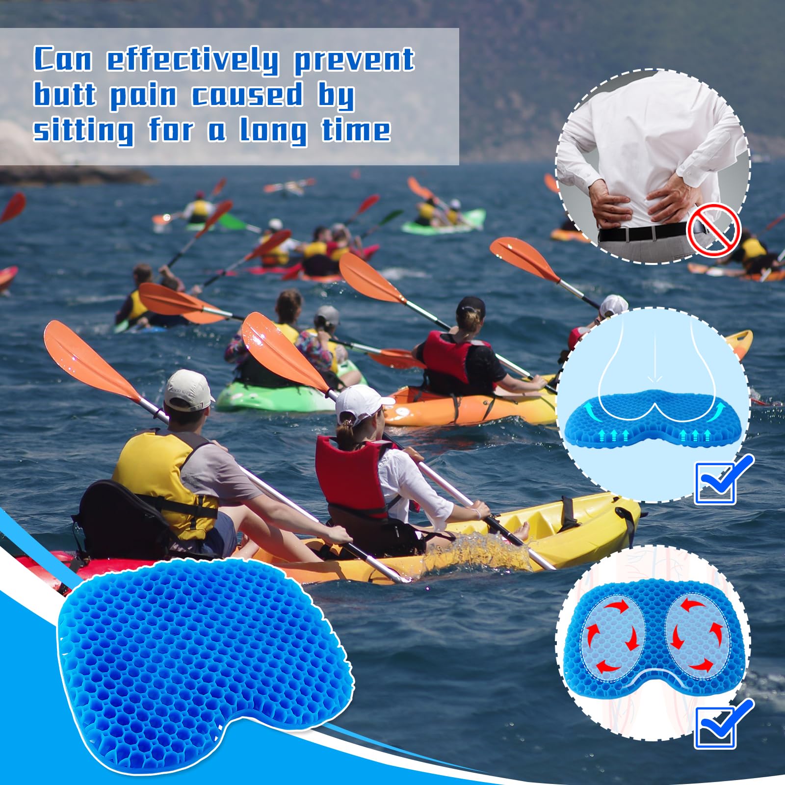 Non-Slip Kayak Seat Cushion - Thick Waterproof Gel Kayak Seat Pad with Anti-Skid Cover for Sit-In & Inflatable Kayaks, Canoes, Boats - Comfortable Fishing Kayak Accessories for Outdoor Water Sports & Adventure