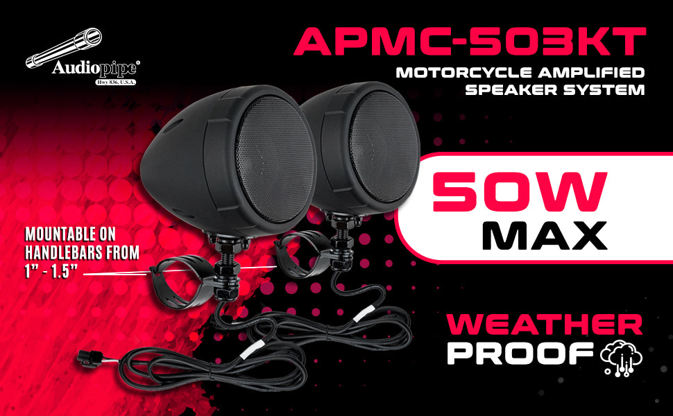 3” Motorcycle Amplified Speaker System (APMC 503KT) - Waterproof Bluetooth Audio for Harley, Honda, Yamaha Bikes - Perfect for Road Trips & Outdoor Adventures
