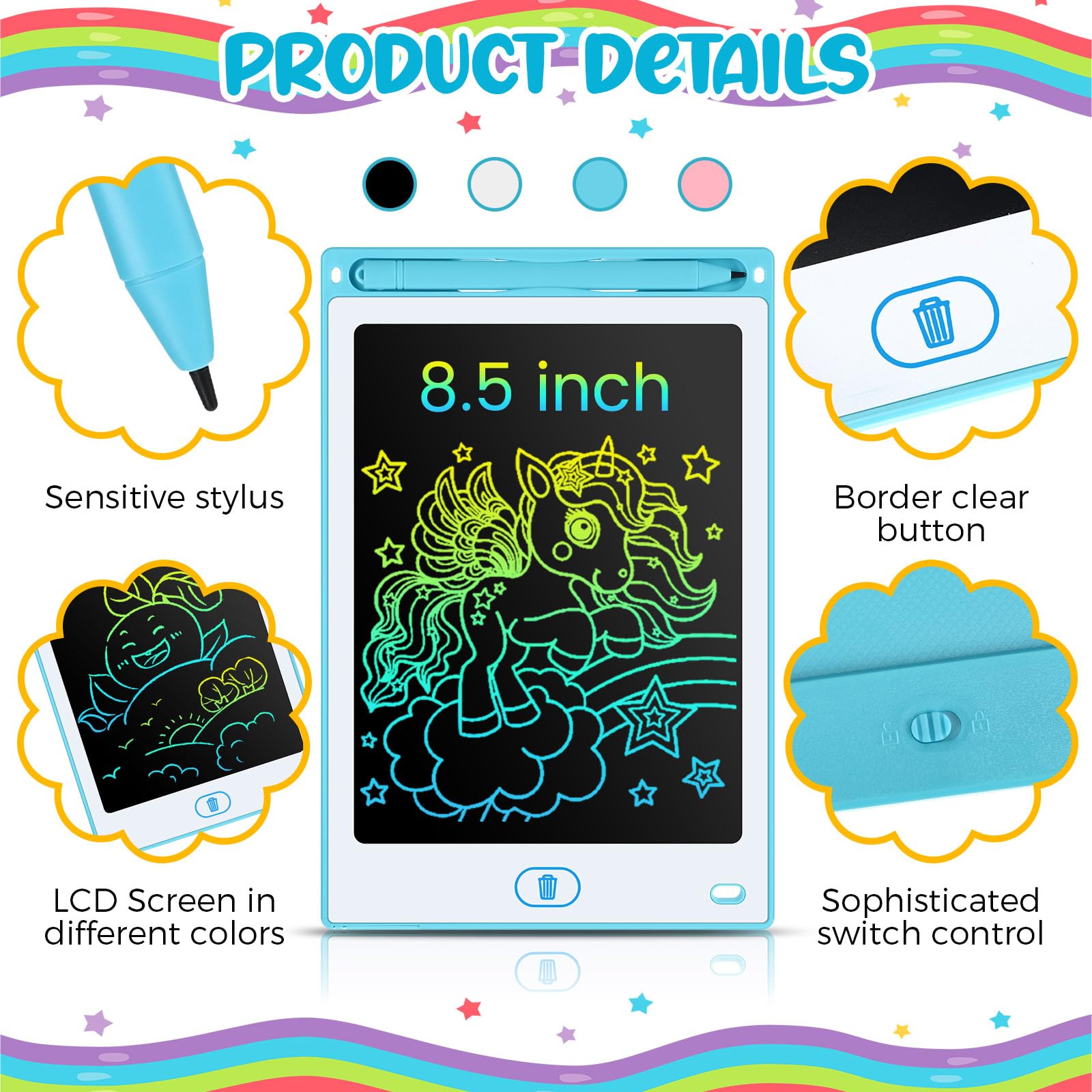 Tinlade 12 Pack LCD Writing Tablets 8.5 Inch - Colorful Erasable Electronic Drawing Pads for Kids, Doodle Boards for Learning & Creativity (Pink, Blue, White, Black) - Perfect for Classroom, Home Schooling & Travel Activities