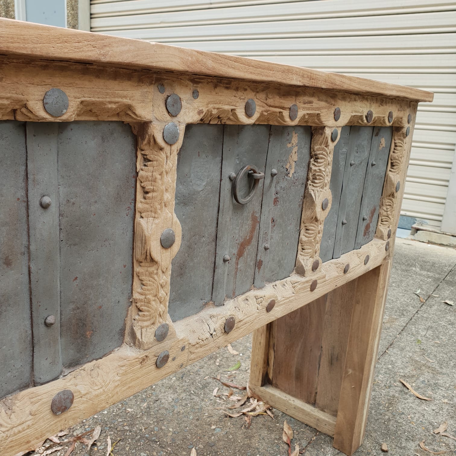 Handmade Reclaimed Wood Console Table - Rustic Carved Design with Iron Fittings | Entryway, Living Room & Hallway Decor