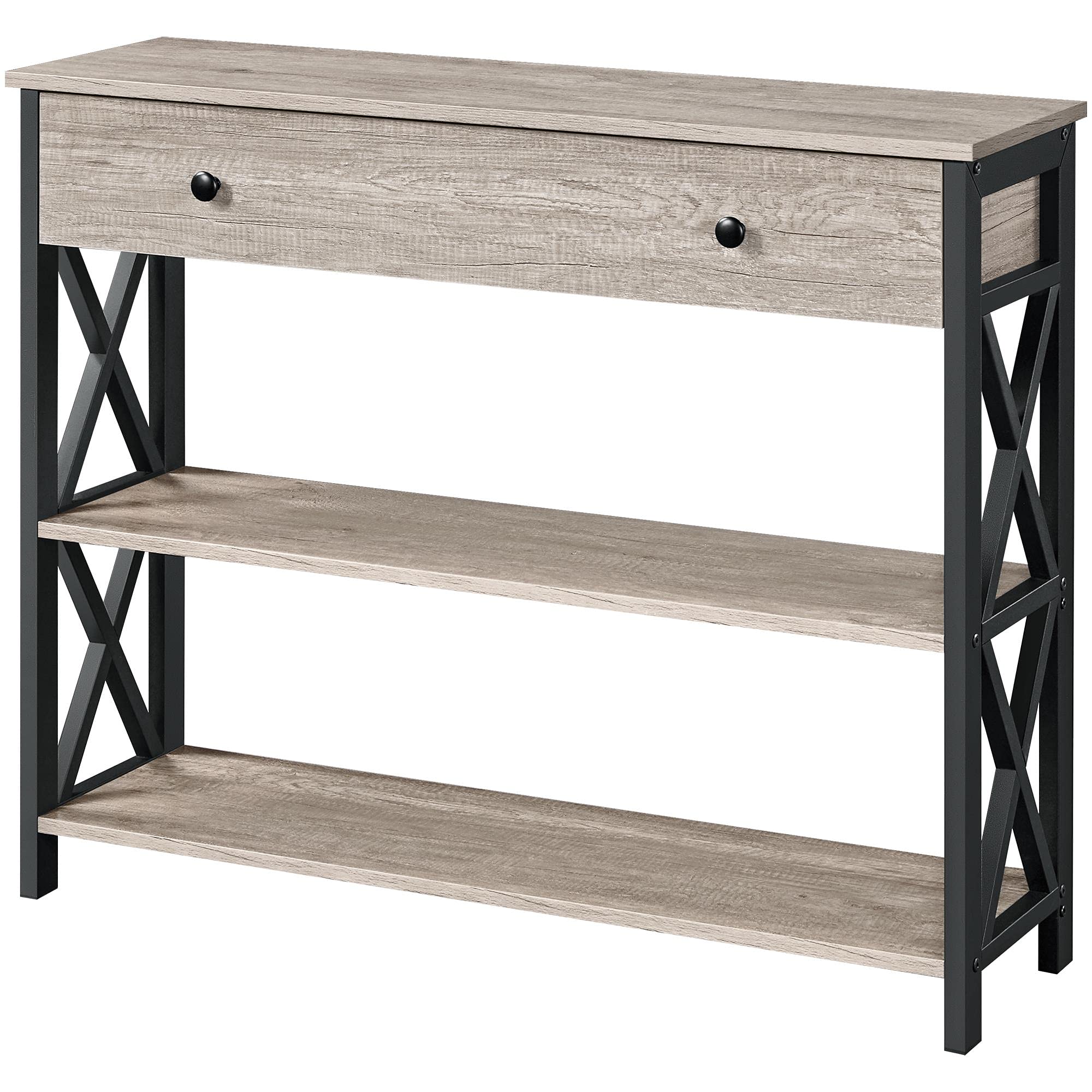 Topeakmart Narrow Entryway Table with Storage Drawer - 3-Tier Industrial Hallway Console Table with Metal Frame, Open Shelf & Gray Finish - Perfect for Small Spaces, Apartments, Living Rooms & Foyers