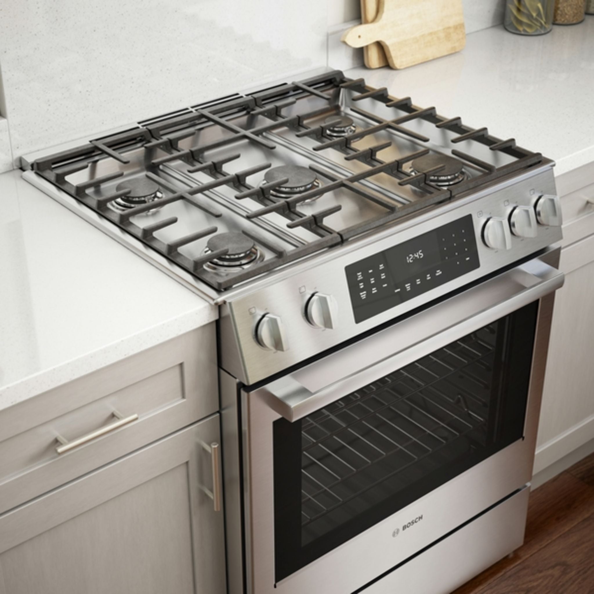 Bosch HGIP056UC 30 Inch Slide-In Gas Range - Stainless Steel, 5 Burners, Convection Oven - Perfect for Modern Kitchens & Home Cooking