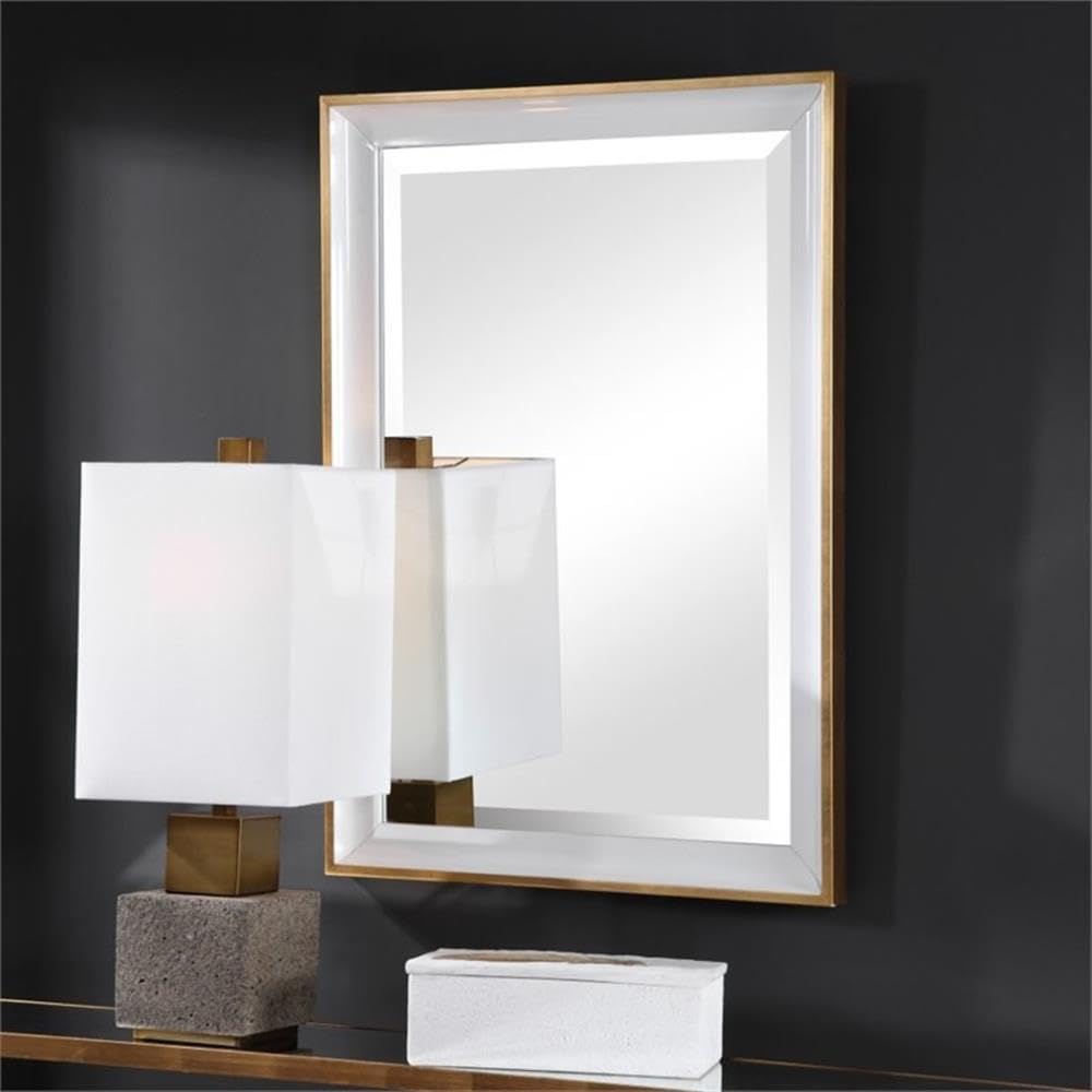 BOWERY HILL Contemporary Gloss White Wall Mirror - Modern Home Decor for Living Room, Bedroom & Entryway