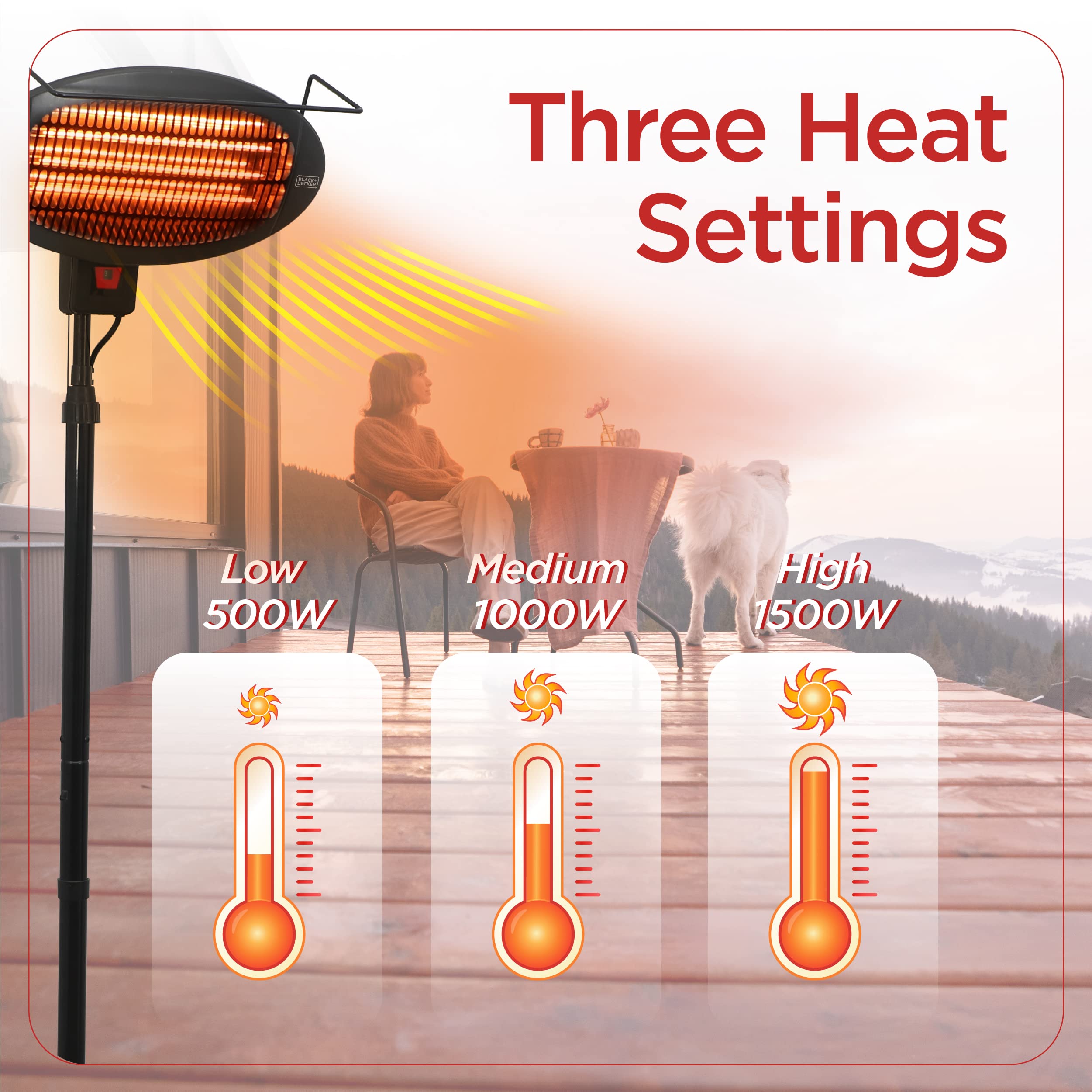 BLACK+DECKER Electric Patio Heater Stand - Outdoor Floor Heater with 3 Adjustable Heat Settings for Deck, Garden & Backyard Comfort