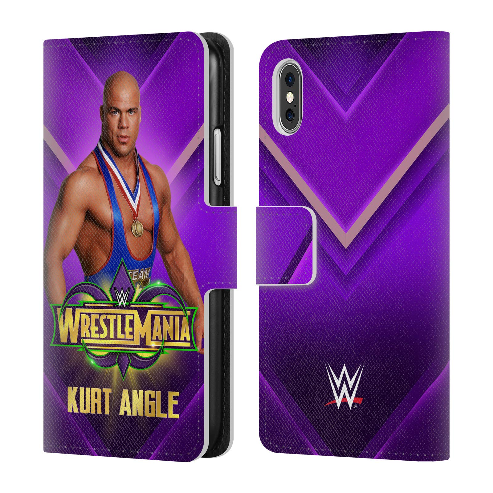 Official WWE Kurt Angle Wrestlemania 34 Leather Wallet Case for iPhone X/Xs - Licensed Superstars Phone Cover - Perfect for Wrestling Fans & iPhone Protection at Events