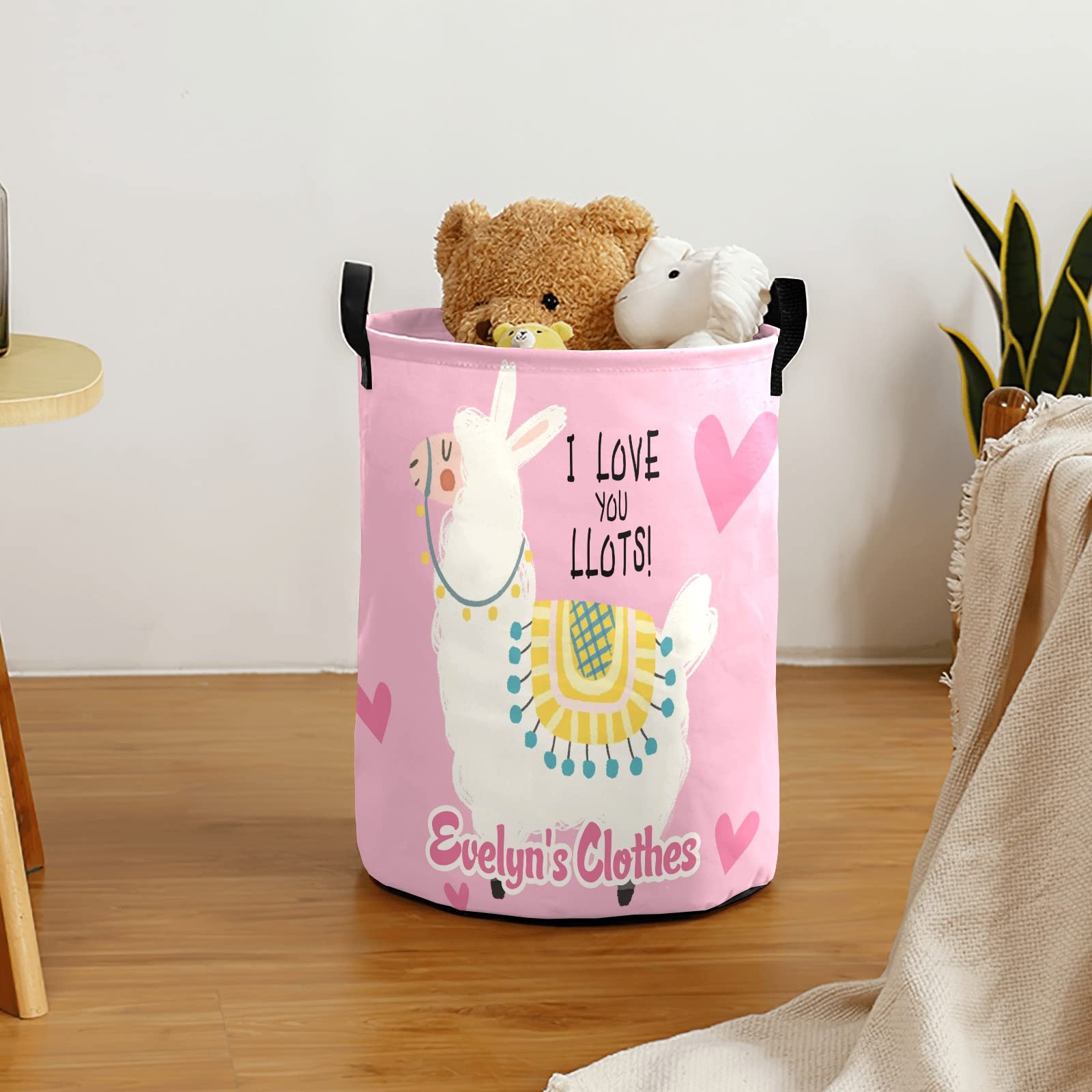 Personalized Pink Alpaca Laundry Basket with Handles - Waterproof & Collapsible Clothes Hamper (19.7