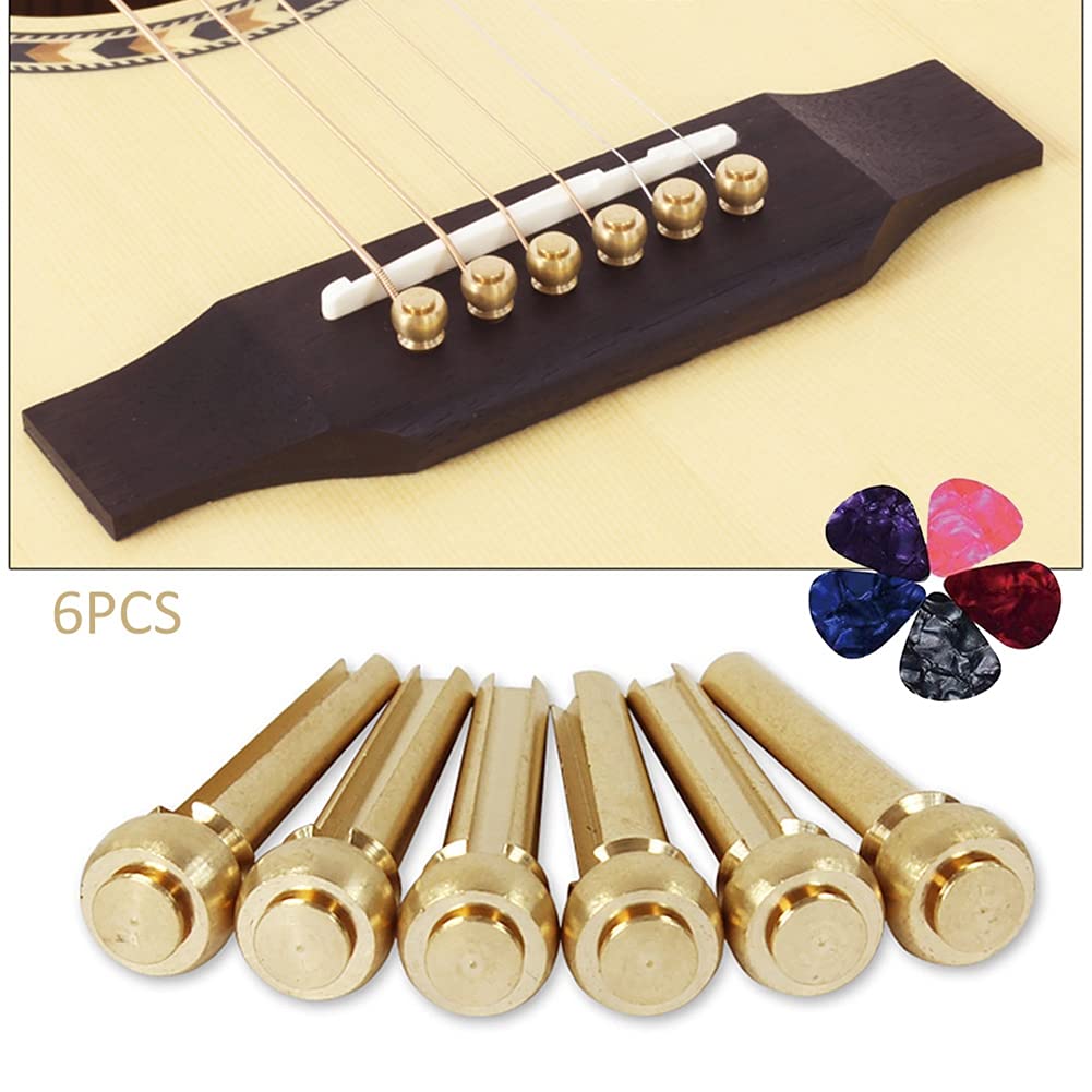 Alnicov 6-Piece Brass Guitar Bridge Pins & Endpin Set with Bridge Pin Puller - Includes 5 Guitar Picks for Acoustic 6-String Guitars - Perfect for Guitar Maintenance, Repair, and String Replacement