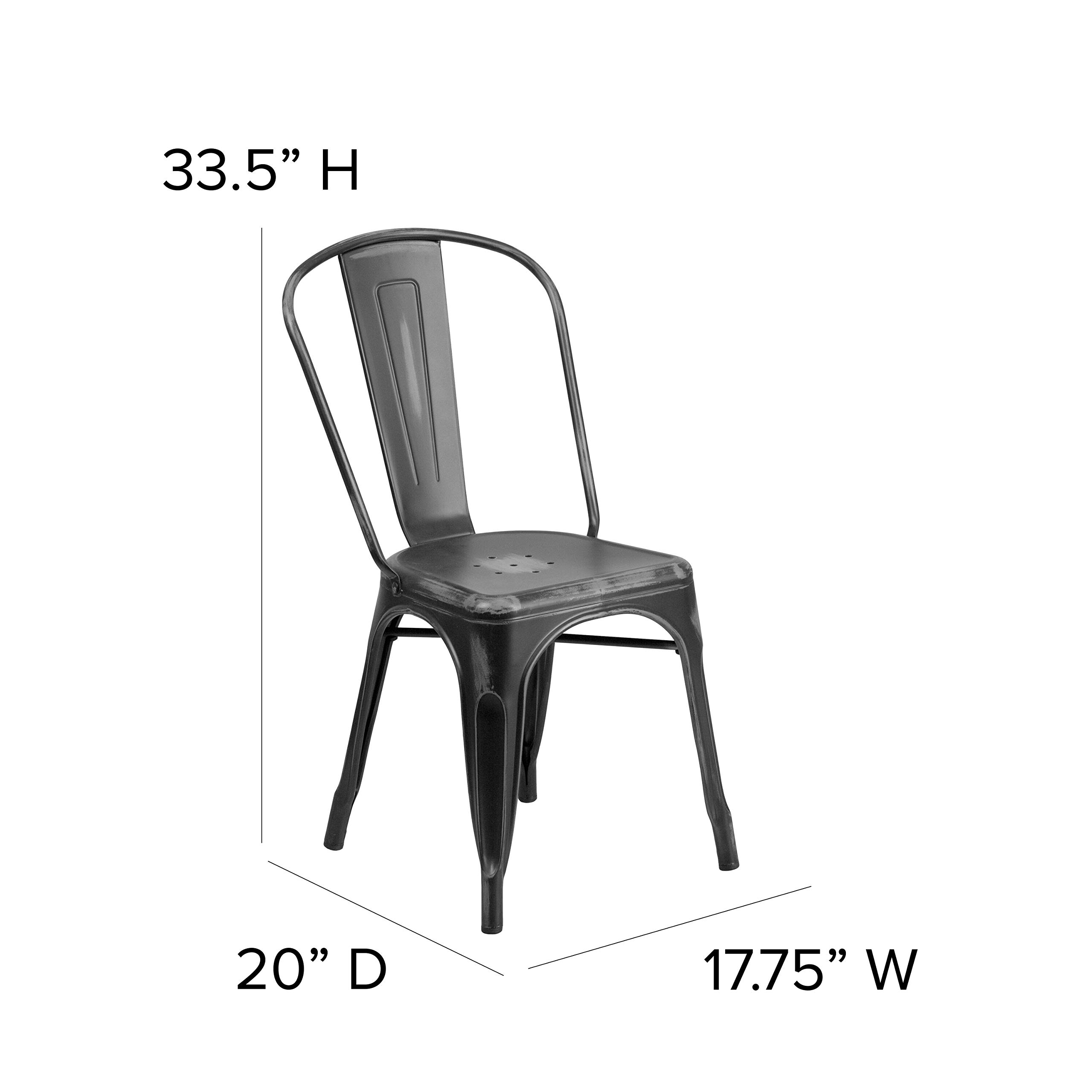 4 Pack Distressed Black Metal Stackable Chairs for Indoor & Outdoor Use - Rustic Kitchen Dining Chairs, Patio Furniture, Restaurant & Cafe Seating