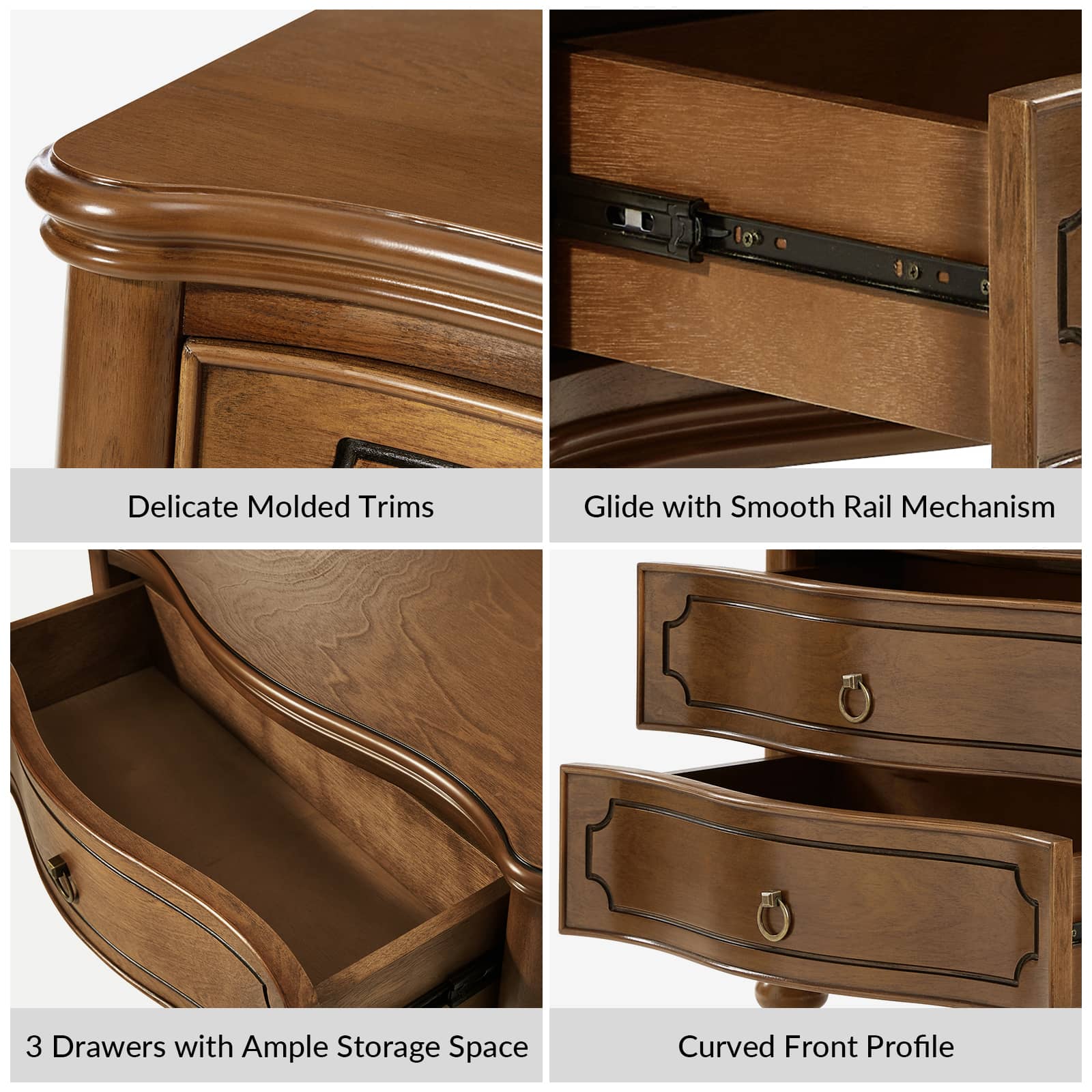Bernhard 3 Drawer Traditional Nightstand with USB Outlets - Solid Wood Bedside Table for Bedroom, Living Room & Office - Charging Station & Storage Cabinet