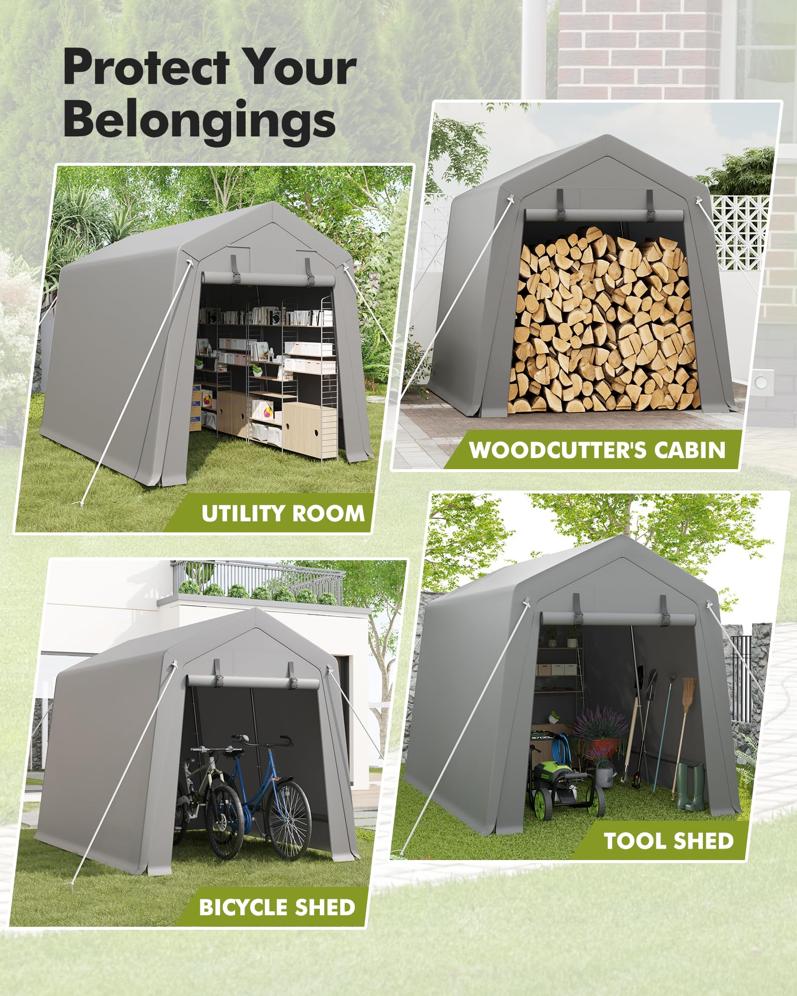 Heavy Duty 7x10ft Carport Storage Shed with 2 Roll-Up Zipper Doors - Waterproof Shelter Logic Tent for Motorcycle, Bike, Garden Tools & Firewood Storage - Perfect for Garage, Backyard, RV and Outdoor Equipment Protection