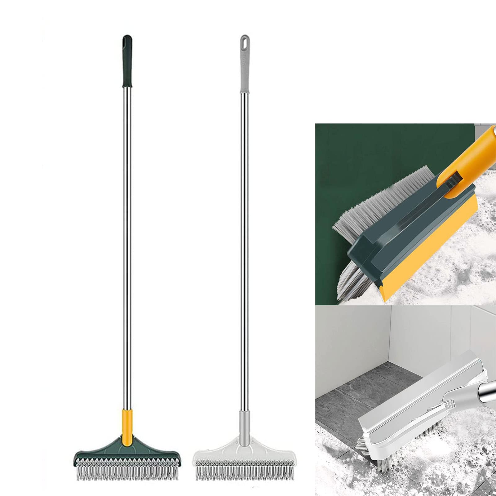 3-in-1 Floor Scrub Brush with Long Handle & 120° Rotating Head - Multi-Surface Cleaning Brush with Squeegee for Tile, Deck, Pool & Wall - White & Green (Perfect for Bathroom, Kitchen & Outdoor Cleaning)