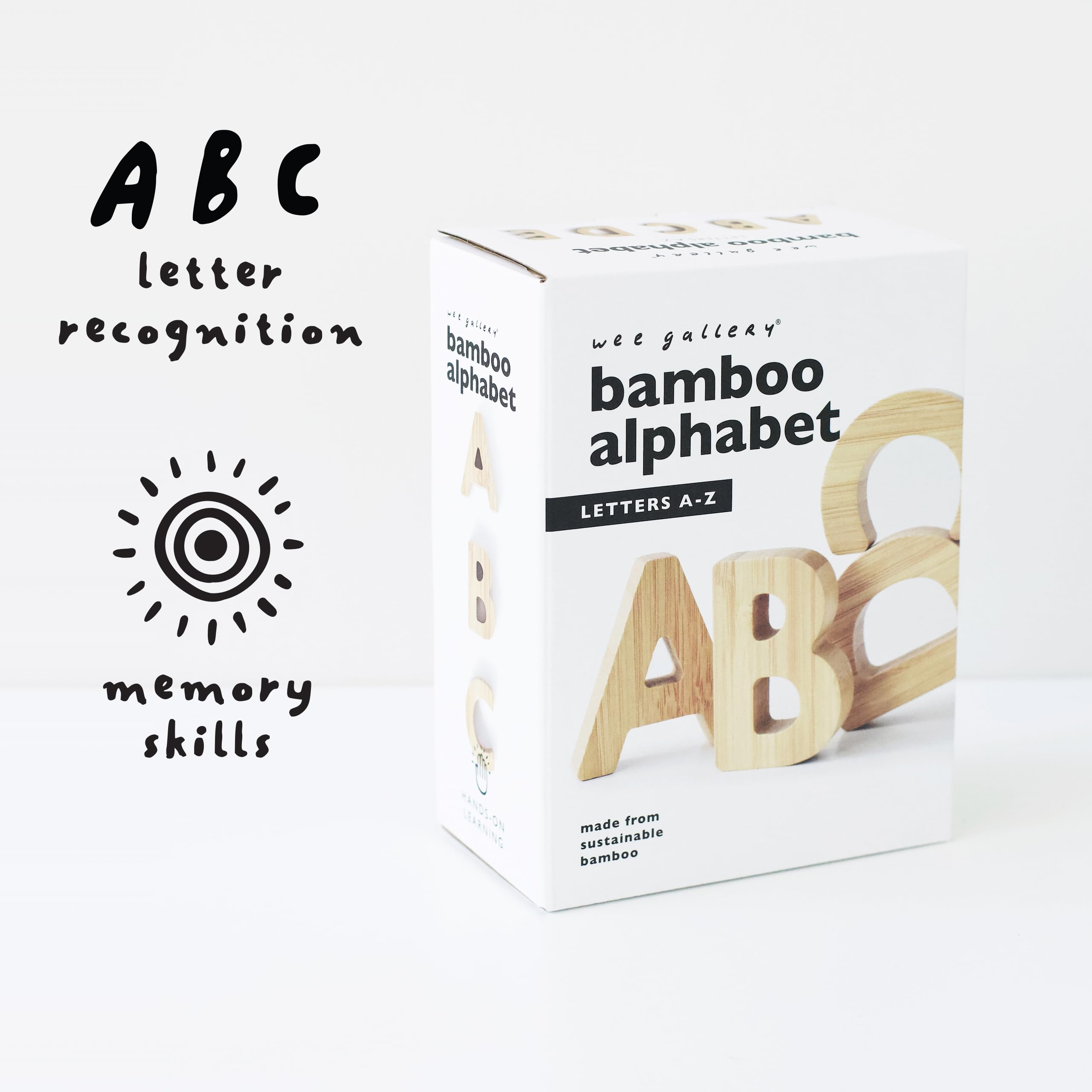 Wee Gallery Bamboo Alphabet Blocks - 26 Natural Wooden Sensory Learning Toys for Toddlers & Preschool Kids - Learn to Read, Trace & Sort - Perfect for Early Childhood Education & Montessori Playrooms