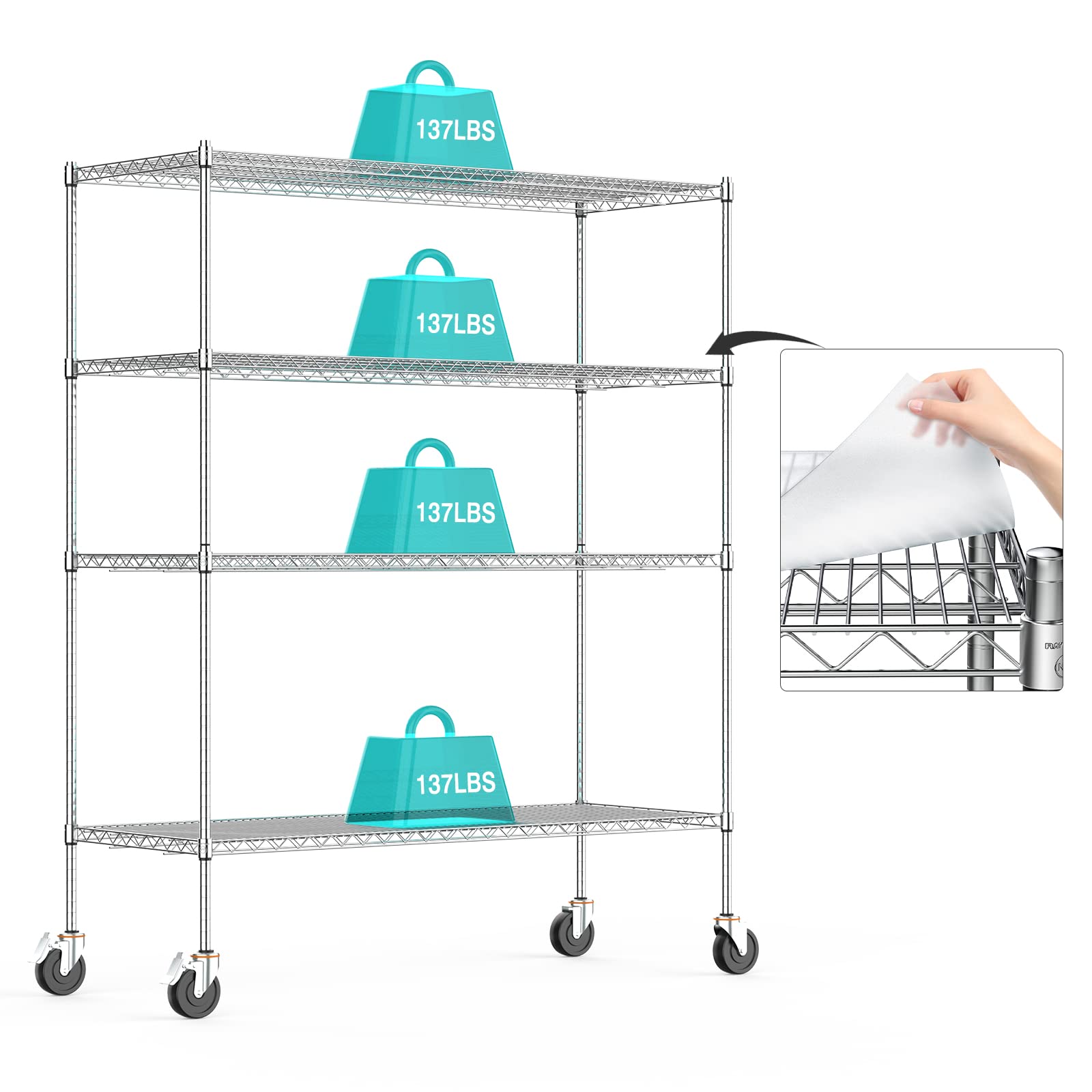 Heavy Duty 60x24x72 Inch Wire Shelving with Wheels - 2000 Lbs Capacity Adjustable Metal Storage Rack, 4-Tier NSF-Certified Commercial Utility Shelf with Shelf Liners - Perfect for Warehouse, Garage, Pantry & Retail Store Organization