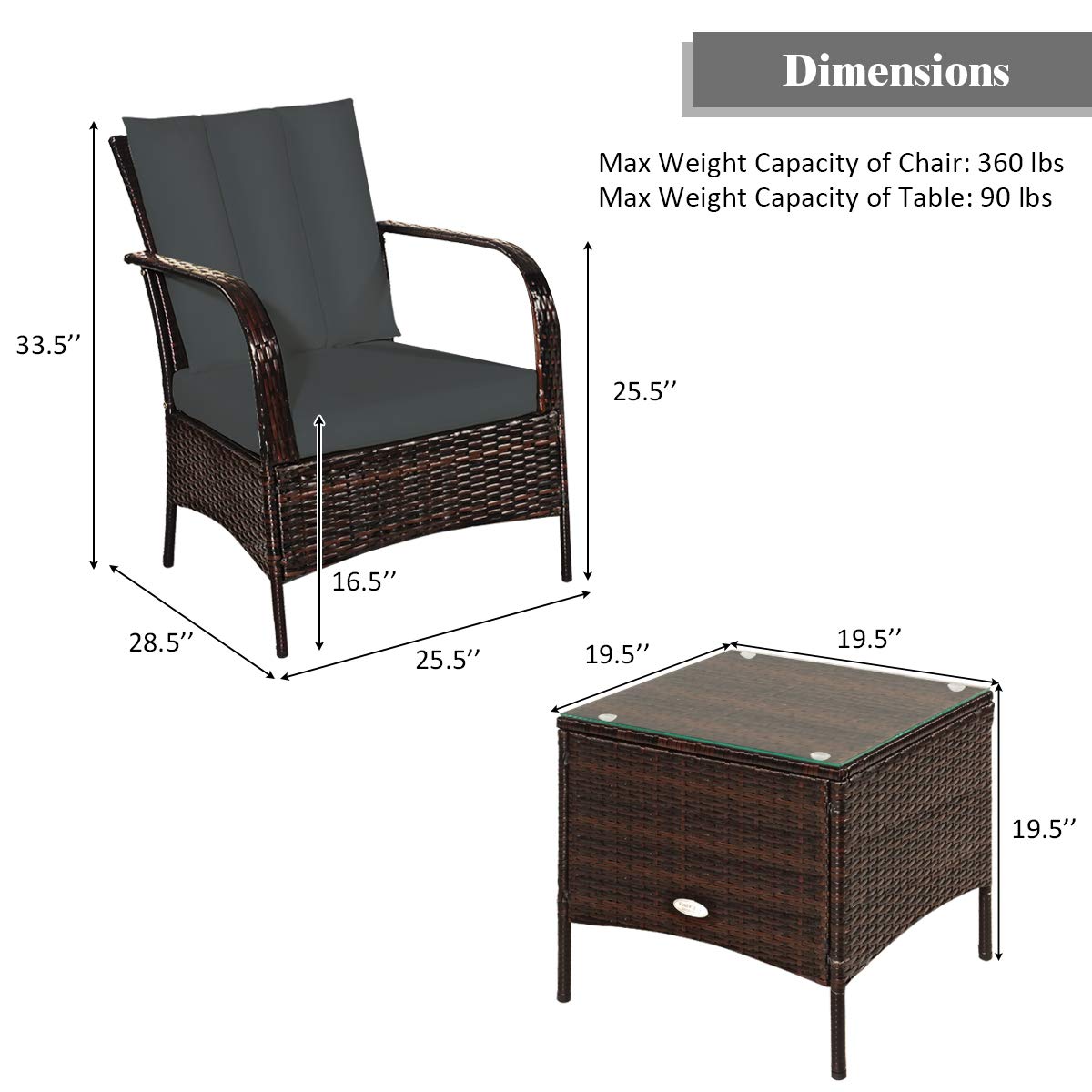 Tangkula 3-Piece Outdoor Patio Furniture Set - 2 Rattan Wicker Chairs with Tempered Glass Coffee Table - Weather-Resistant Garden, Porch, Poolside Conversation Set for Backyard, Deck, and Outdoor Relaxation