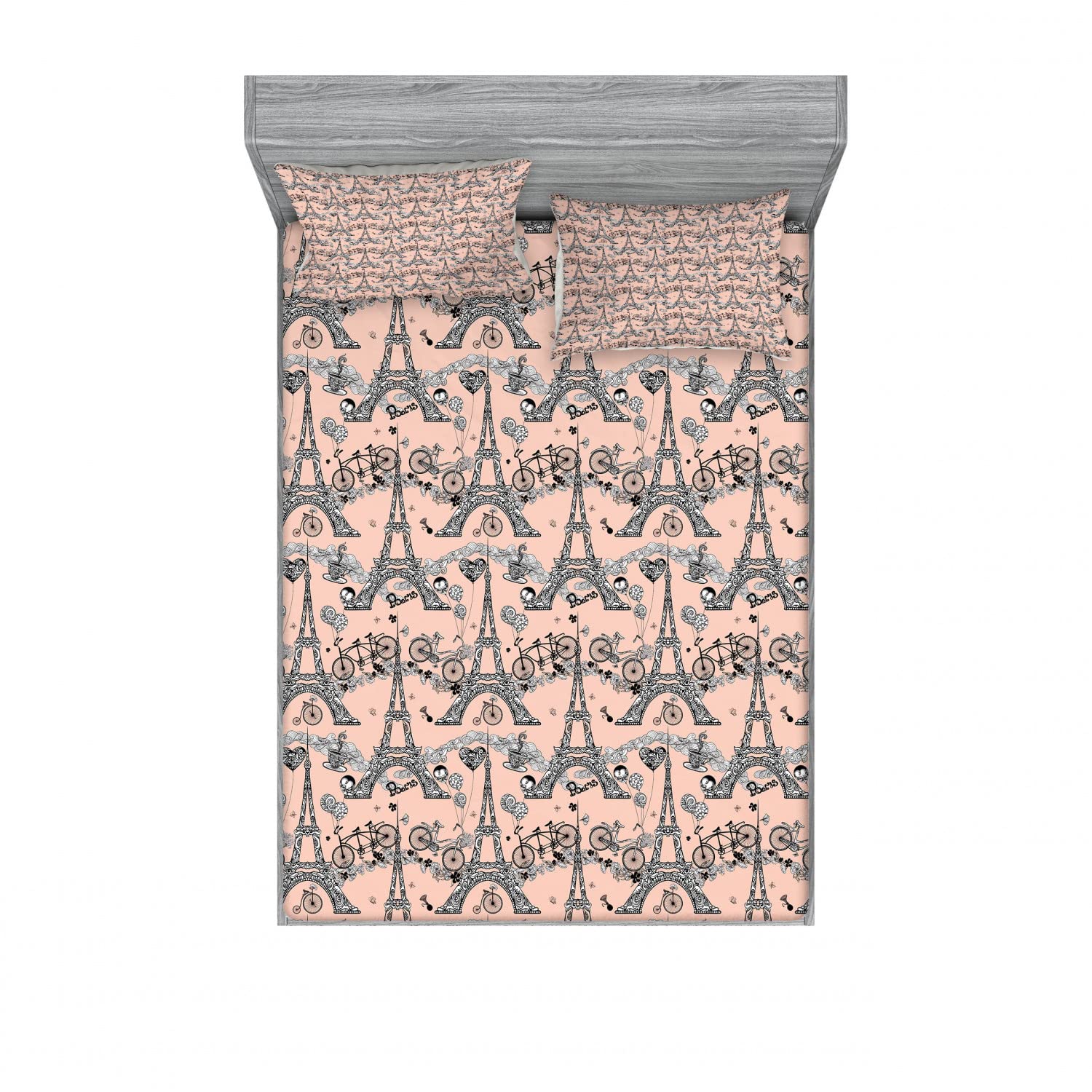 Ambesonne Eiffel 2-Pack King Size Fitted Sheet Set with 4 Pillow Shams - Retro Paris Landmark Bedding in Pale Salmon Black White - Complete 4-Piece Bedroom Decor for Guest Rooms & Vacation Homes