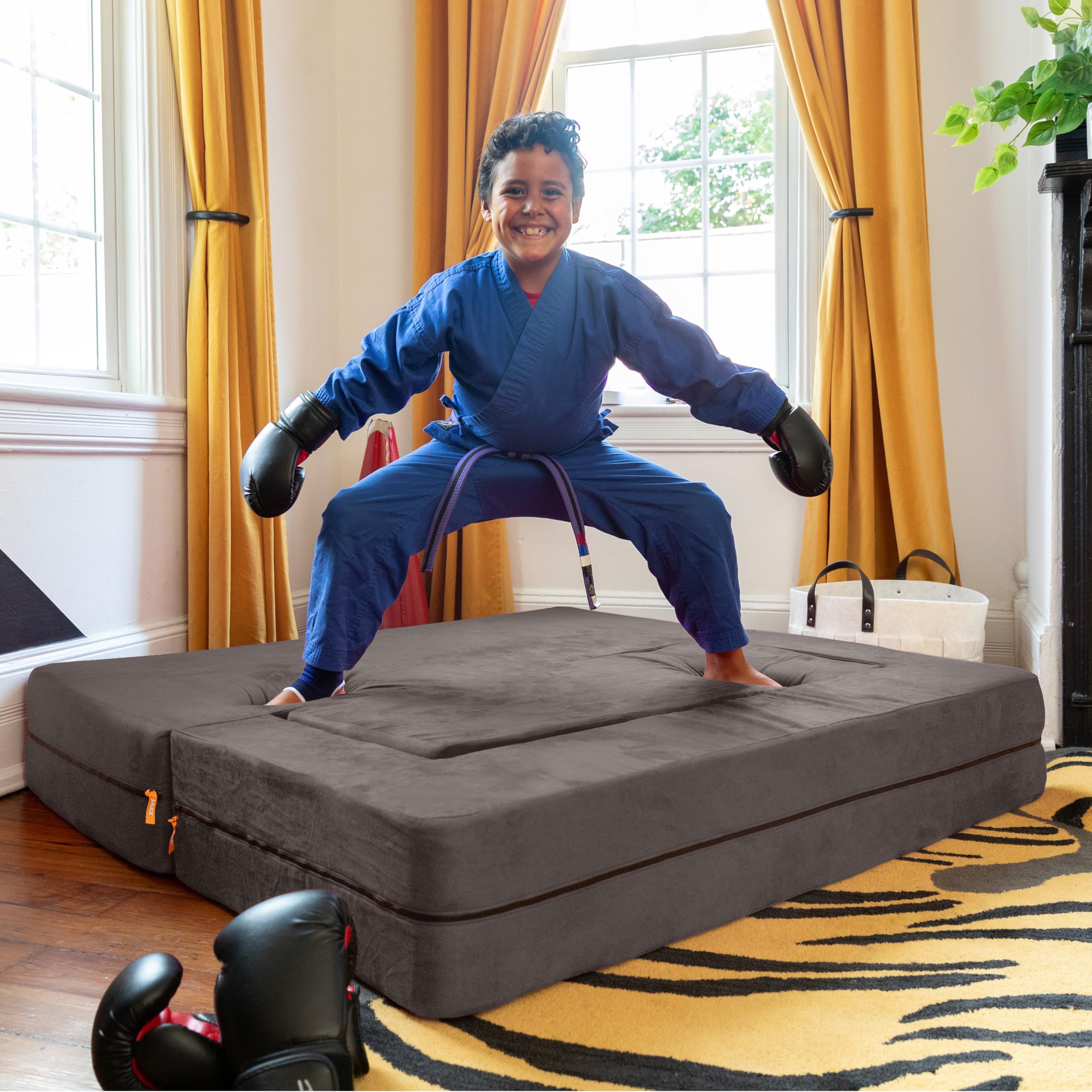 Jaxx Zipline Kids Sofa with Large Ottoman - 3-in-1 Fold Out Convertible Sofa Bed for Big Kids, Charcoal Gray - Perfect for Playrooms, Bedrooms & Sleepovers