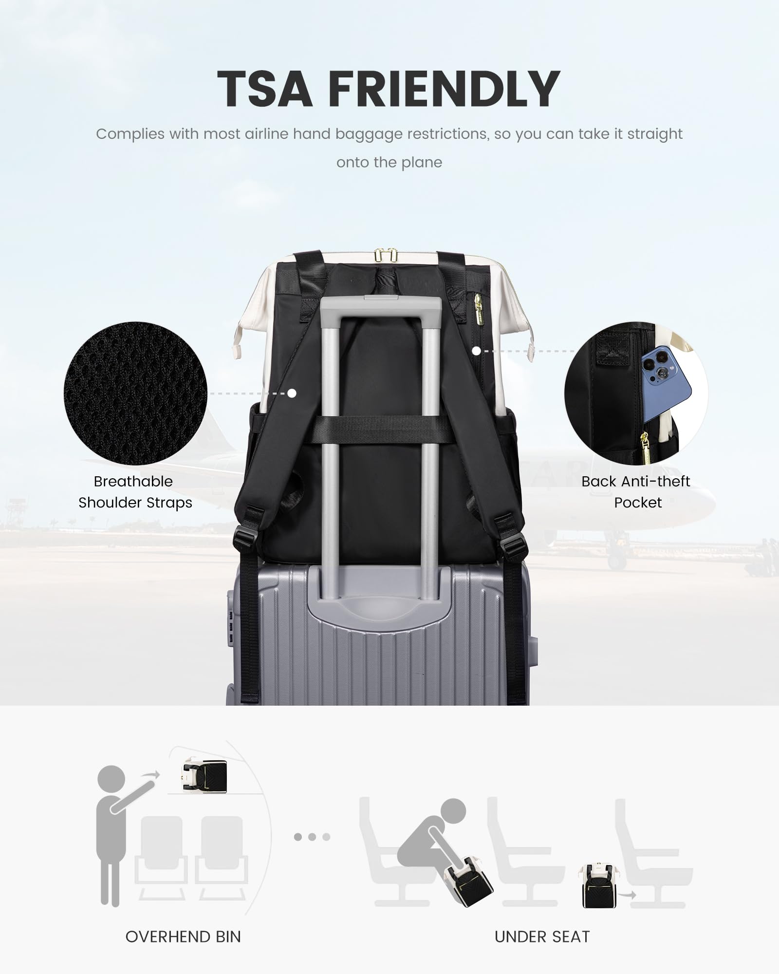 LOVEVOOK 15.6 Inch Waterproof Laptop Backpack for Women with USB Port, Stylish Work & Travel Bag for Teacher, Nurse, Business Professionals, Black-Cream White, Perfect for Office, School & Commuting