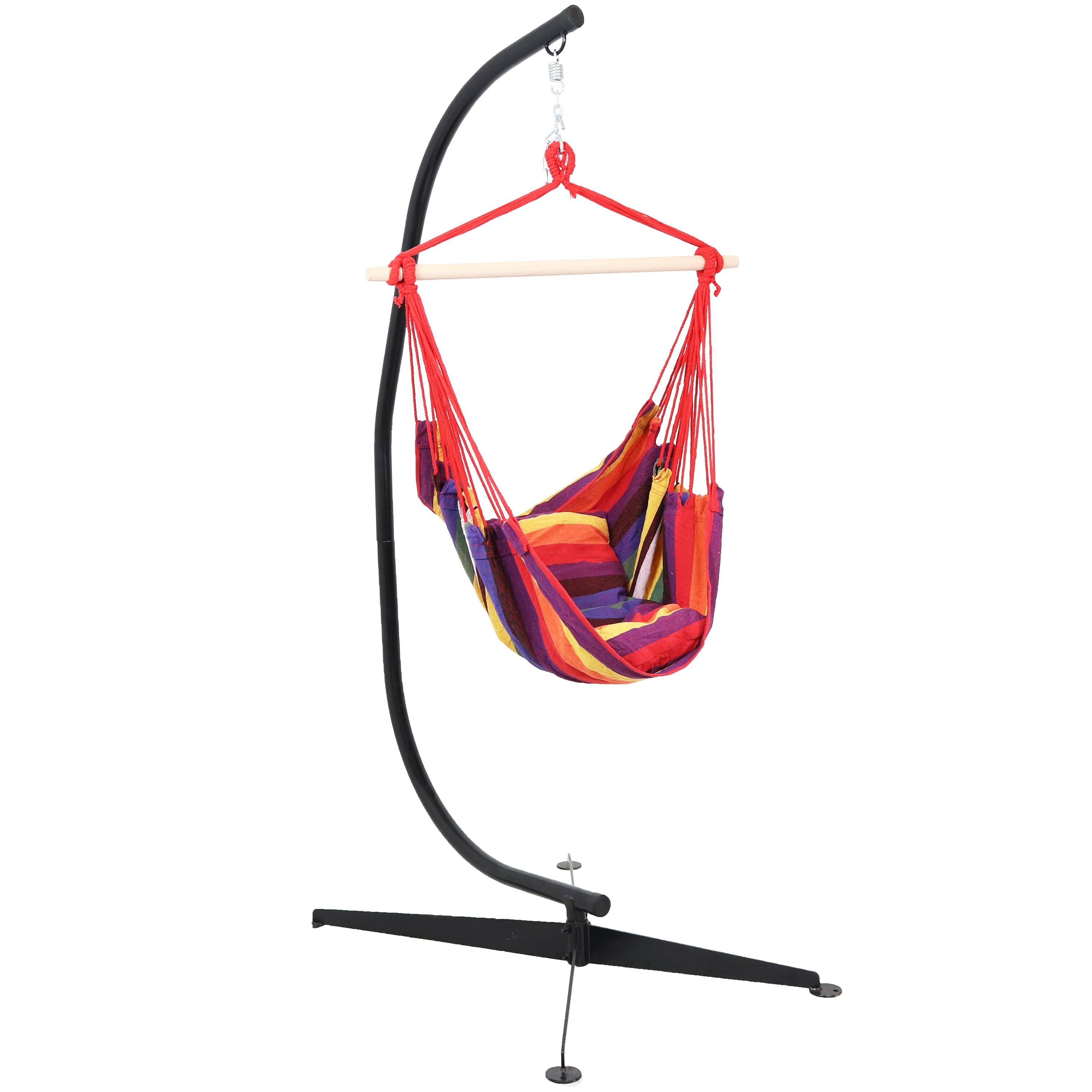 Sunnydaze Outdoor Hanging Hammock Chair with C Stand - Heavy Duty Cotton Rope Swing Seat for Patio, Garden, Backyard & Porch Relaxation