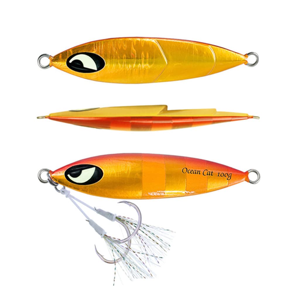 OCEAN CAT Slow Sinking Metal Jig Lure with Hook - 1PC Lead Flat Jigging Bait for Saltwater Fishing | Perfect for Deep Sea, Pier & Surf Casting
