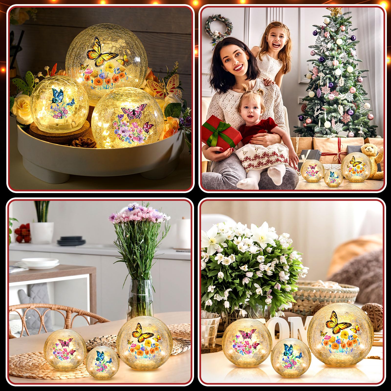 3-Piece Spring Butterfly Crackle Glass Ball Lights - LED Butterfly Globe Lamp for Home Decor, Indoor Tabletop Night Light, Romantic Bedroom & Living Room Decoration