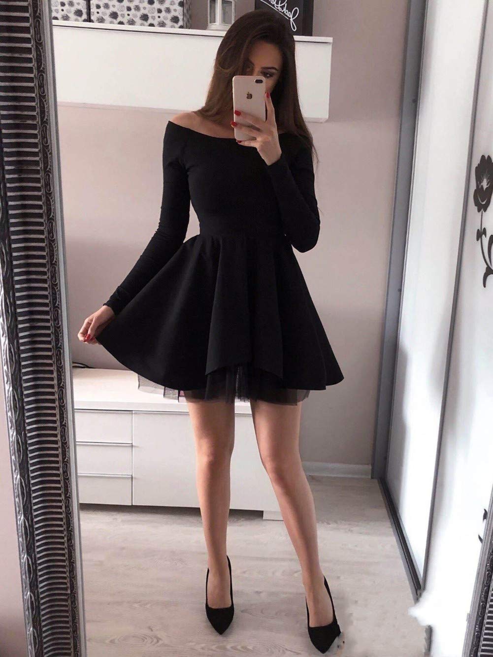 Emanni Women's Elegant Off-The-Shoulder Long Sleeve Prom Dress for Homecoming, Graduation & Special Occasions - Black Formal Gown for Evening Parties & Dances