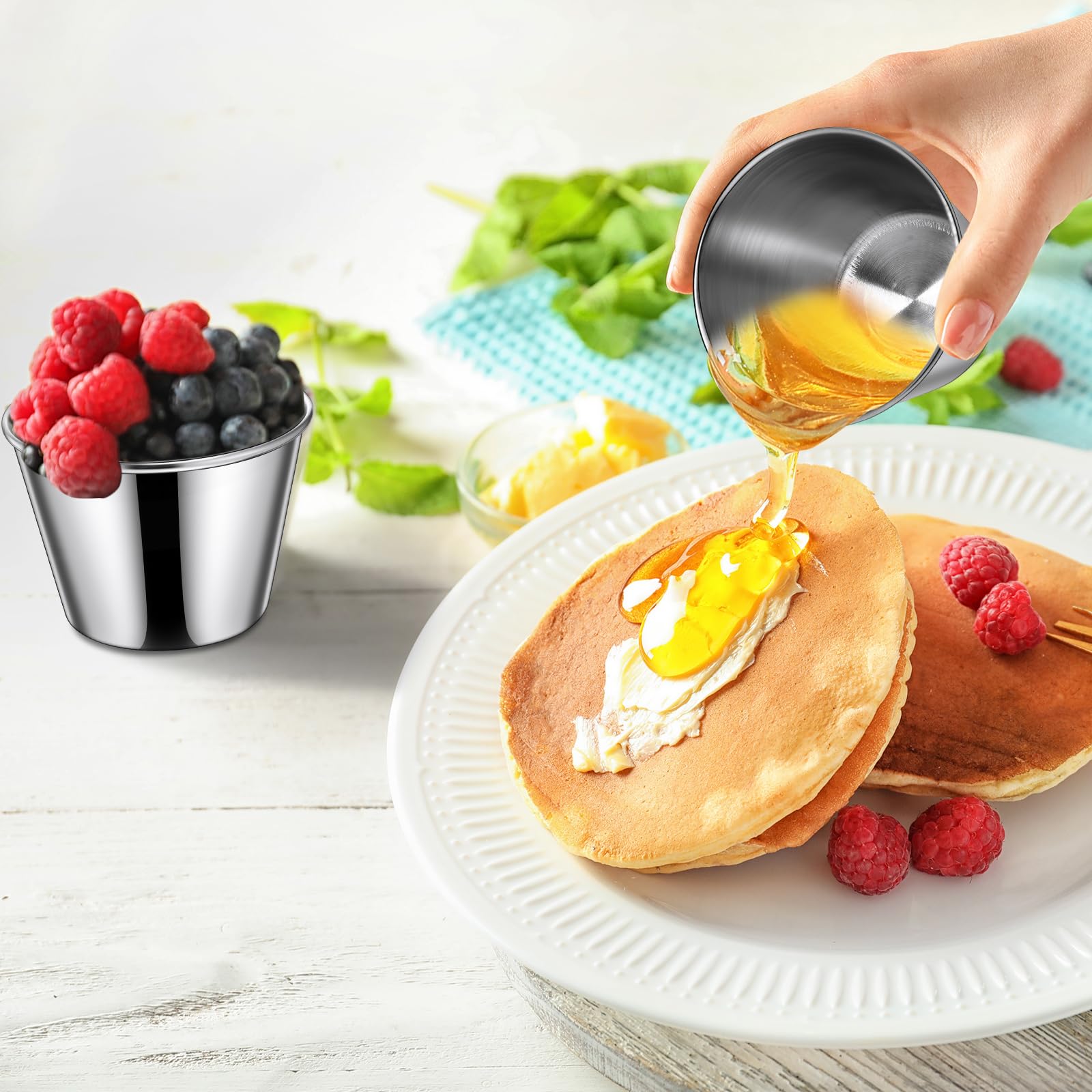 24-Piece 2.5 oz Stainless Steel Ramekins - Metal Sauce Cups & Condiment Dipping Bowls for Kitchen, Restaurant, Catering, Camping, BBQ & Parties - Perfect for Vinegar, Butter, Ice Cream & More
