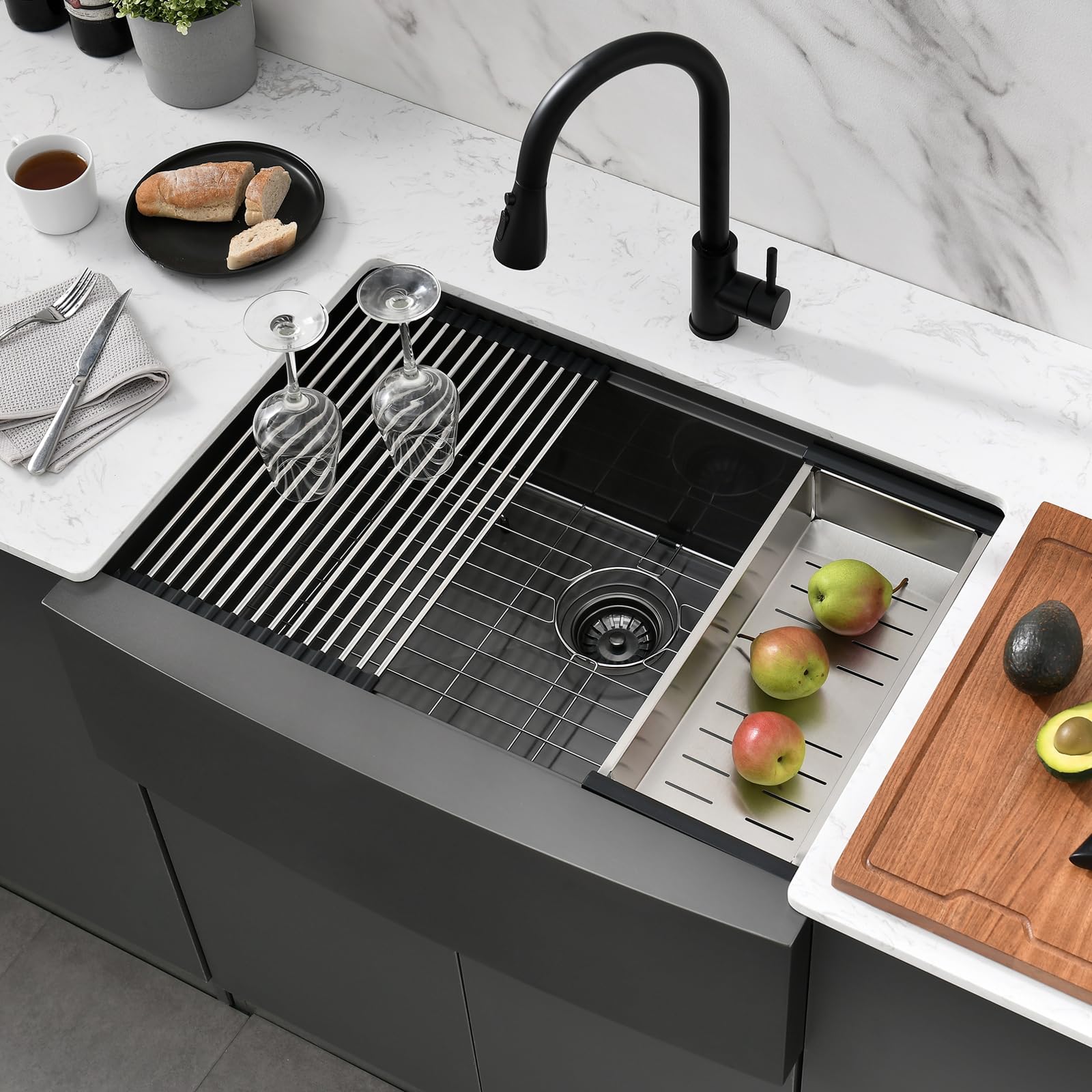 PEPO 33-Inch Gunmetal Black Farmhouse Undermount Kitchen Sink - 16 Gauge Stainless Steel Single Bowl with Accessories Kit - Perfect for Modern Farmhouse Kitchens & Restaurant Prep Stations