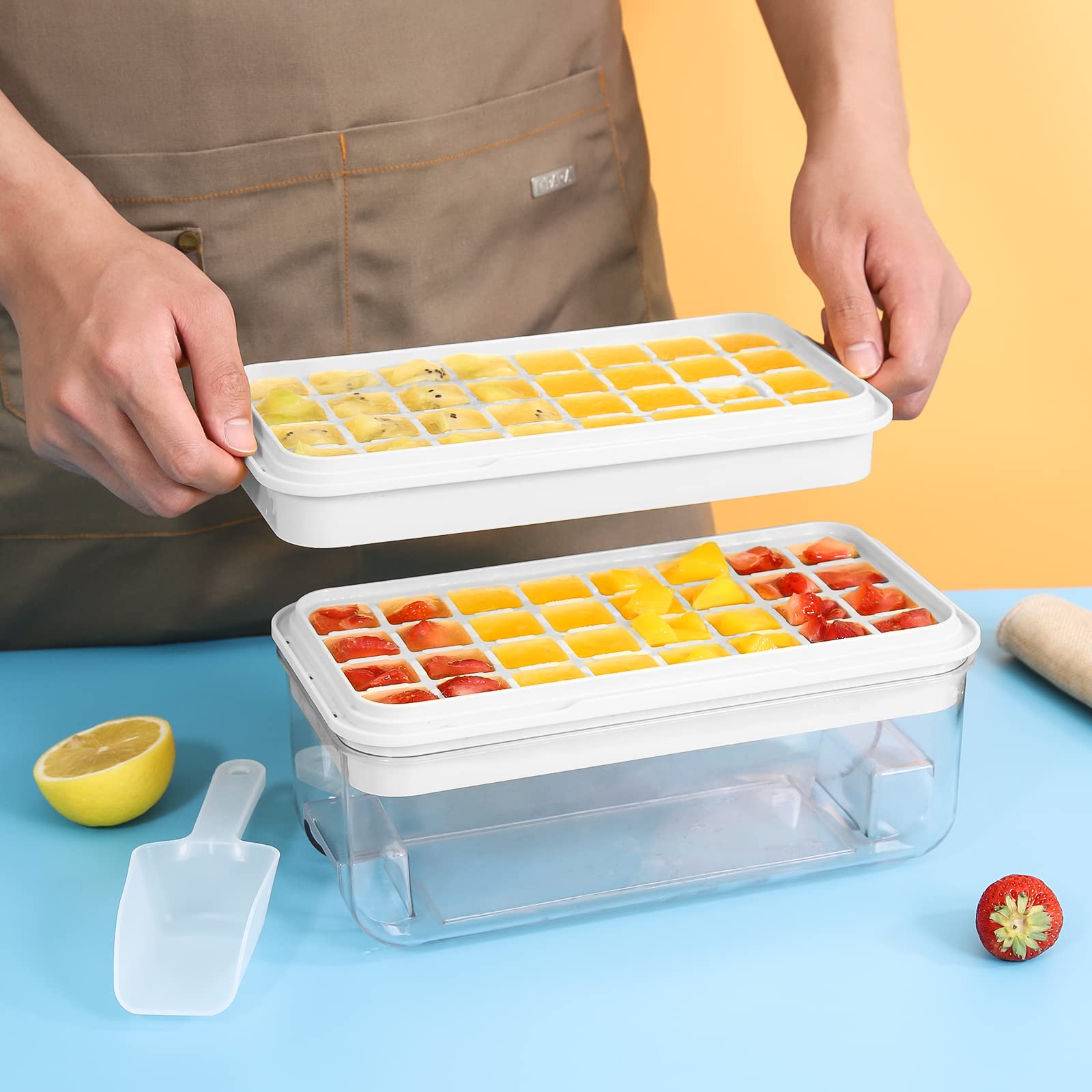 PHINOX 64-Piece Ice Cube Tray Set with Lid & Storage Bin - 2 BPA-Free Freezer Ice Trays, Container & Scoop for Cocktails, Smoothies & Party Drinks