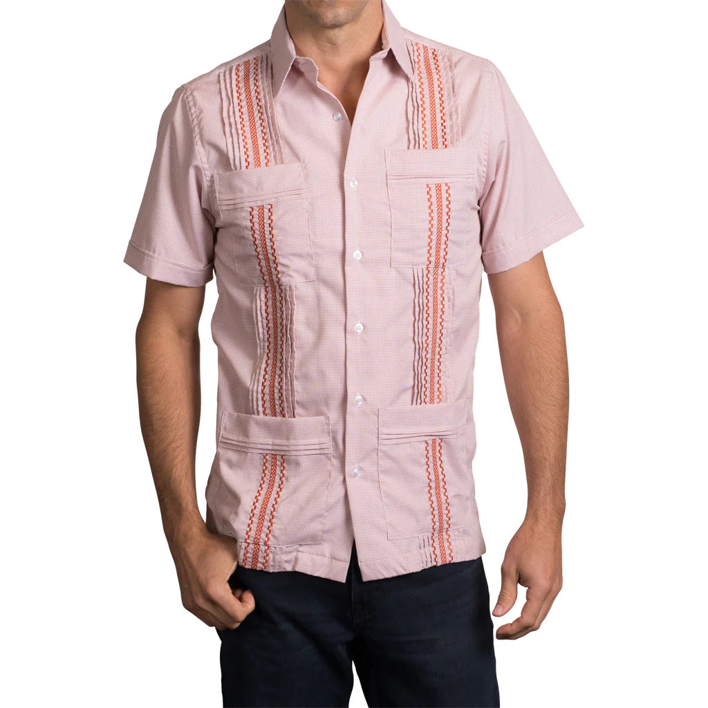 San Cristobal Orange Check Short Sleeve Guayabera Shirt for Men - Perfect for Summer, Beach, and Casual Wear