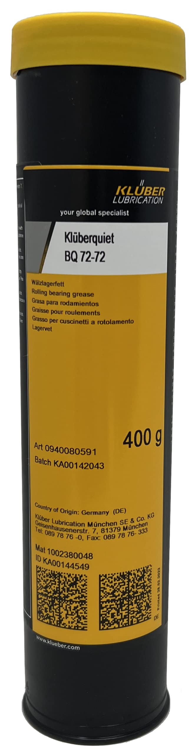 KLUBERQUIET BQ 72-72 High Performance Lubricant for Electric Motors, Fans, Household Appliances & Office Equipment - 400g Cartridge - Reduce Noise & Extend Lifespan for Home & Office Use