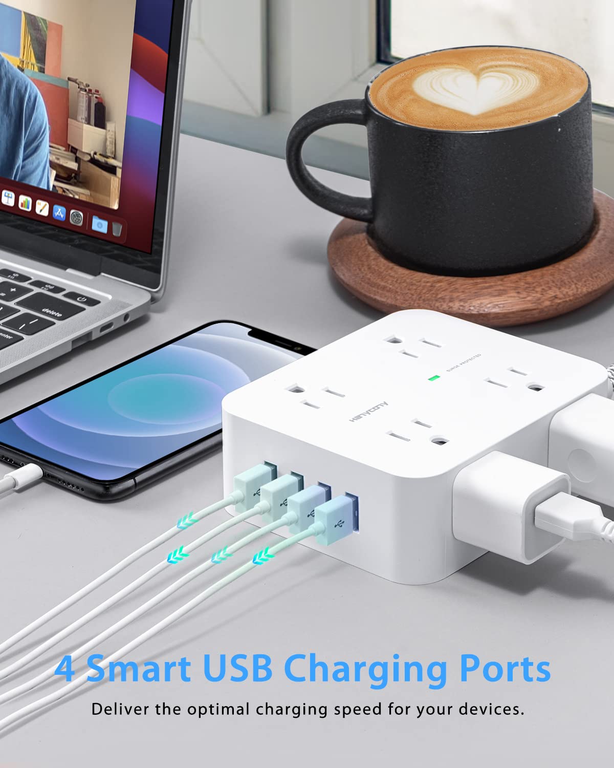 8-Outlet Surge Protector Power Strip with 4 USB Ports (5 ft Cord) - Ideal for Home, Office & Travel Charging Multiple Devices