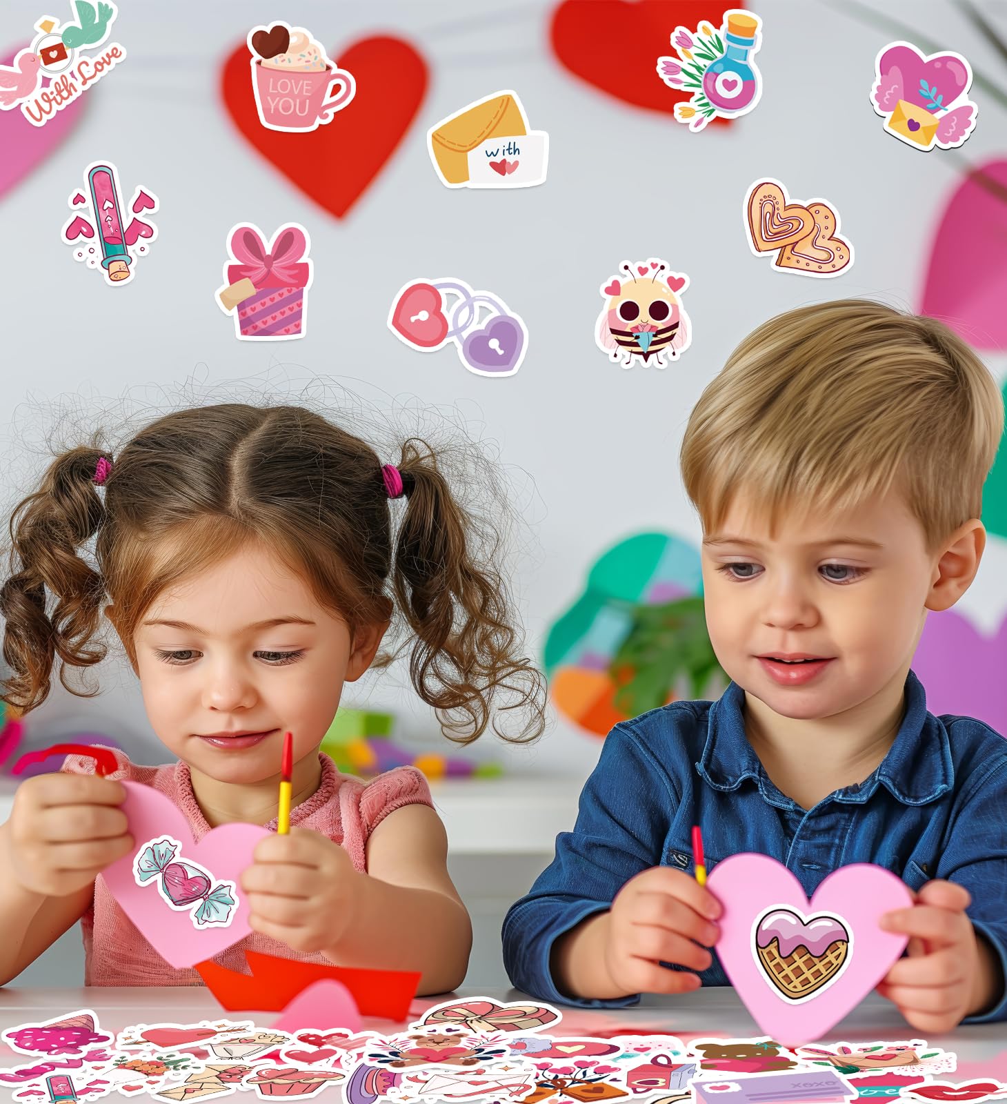 100 PCS Valentine Heart Stickers - Waterproof Vinyl Decals for DIY Crafts, Scrapbooking, Cards & Gifts - Perfect for Kids, Classroom, Party Favors & Valentine's Day Decorations