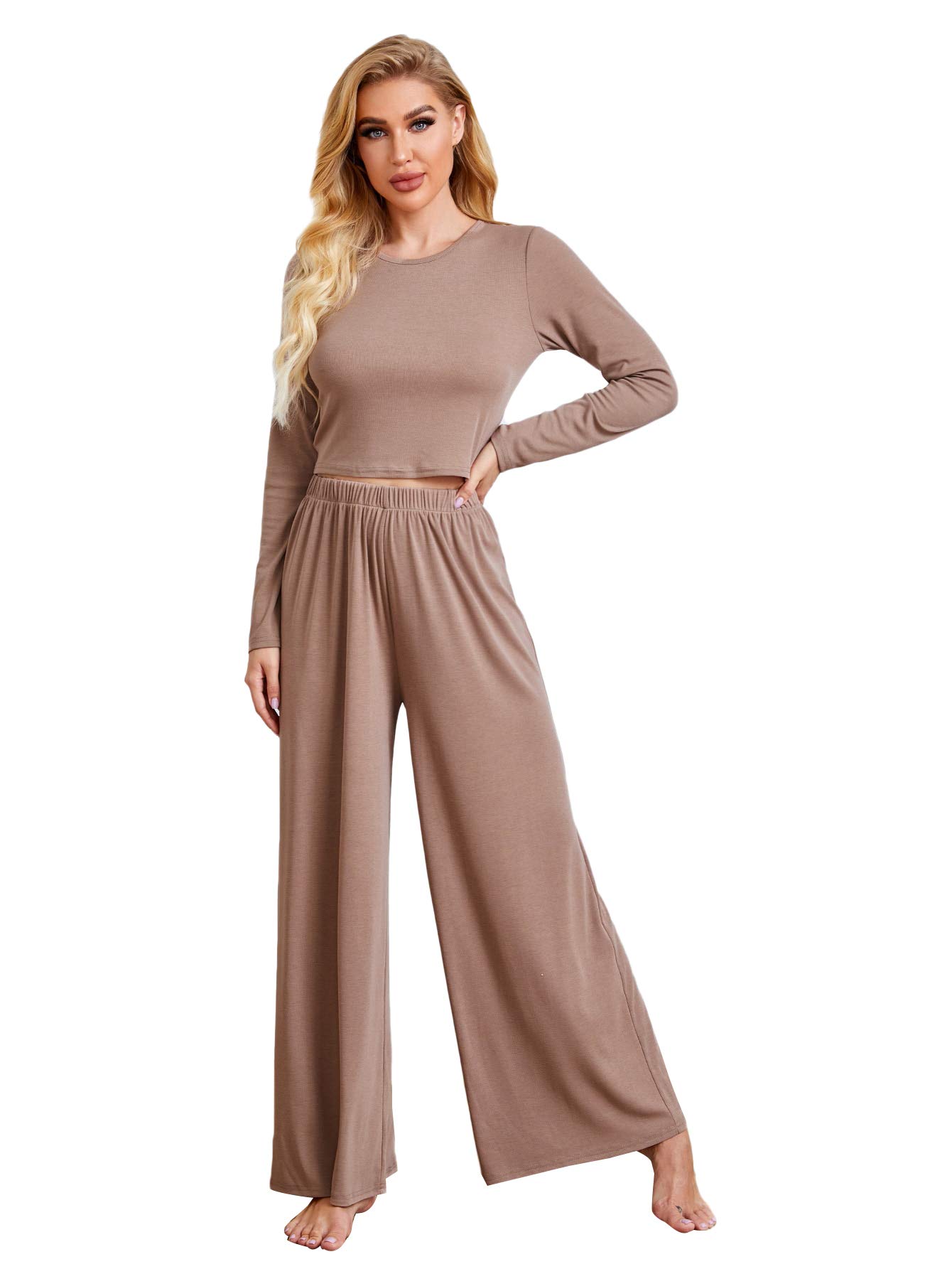 Floerns Women's Long Sleeve Crop Top & Wide Leg Pants Pajama Set - Soft Sleepwear & Lounge Outfit for Relaxing at Home, Nightwear Comfort