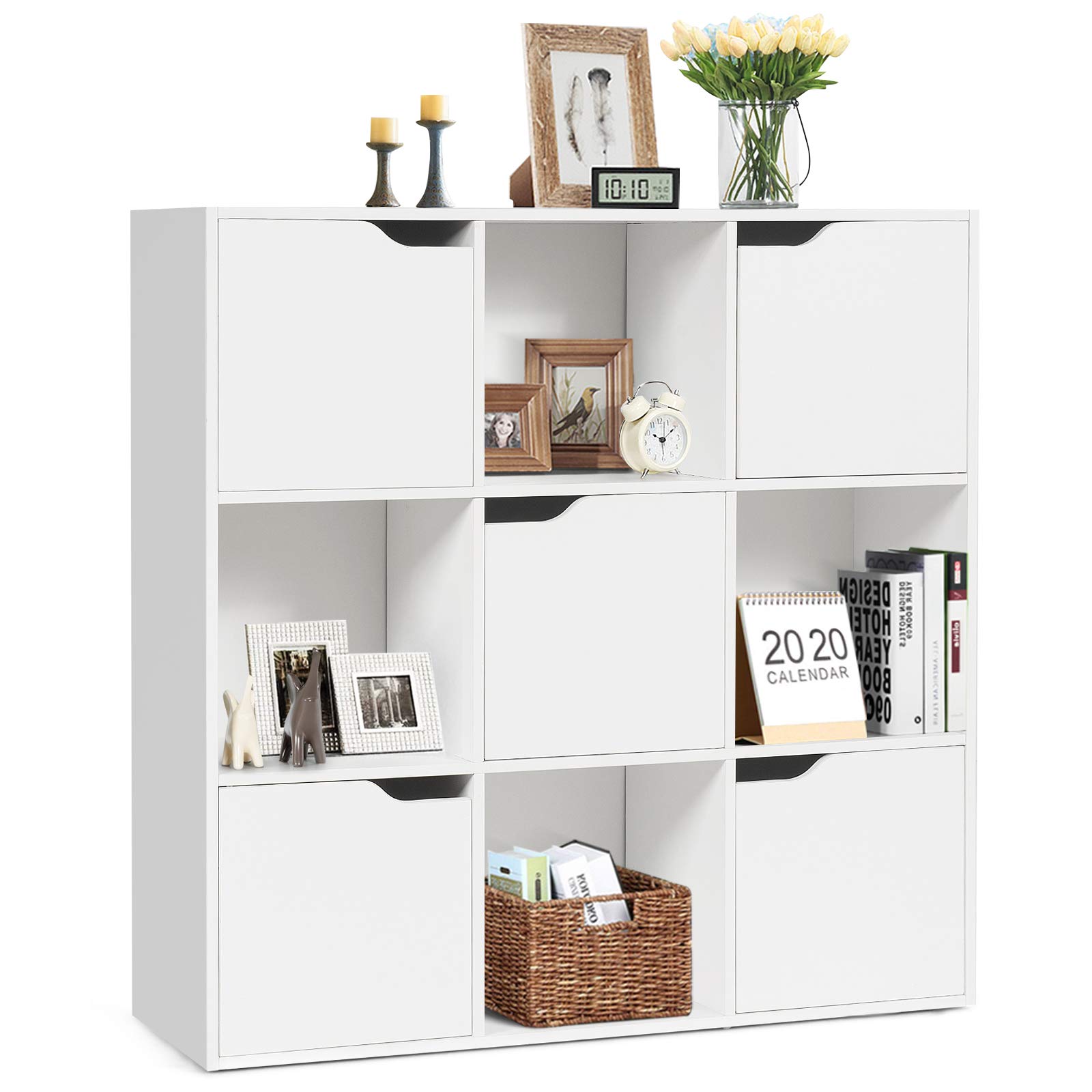 DORTALA 9-Cube Storage Organizer Cabinet with Doors - 4 Open Cubes & 5 Cabinets - 3-Tier Bookshelf for Home Office, Living Room, Bedroom - Perfect for Organizing Books, Toys, Decorations & Display Items