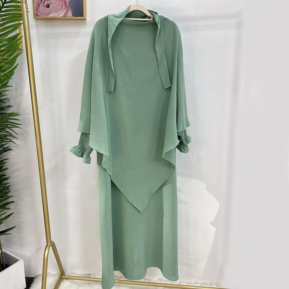 2-Piece Abaya Khimar Set - Long Triangle Hijab & Smocked Cuff Dress for Women | Islamic Modest Wear for Prayer, Mosque & Special Occasions