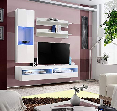Modern White Wall-Mounted TV Stand with Storage Shelves & LED Lights - 35