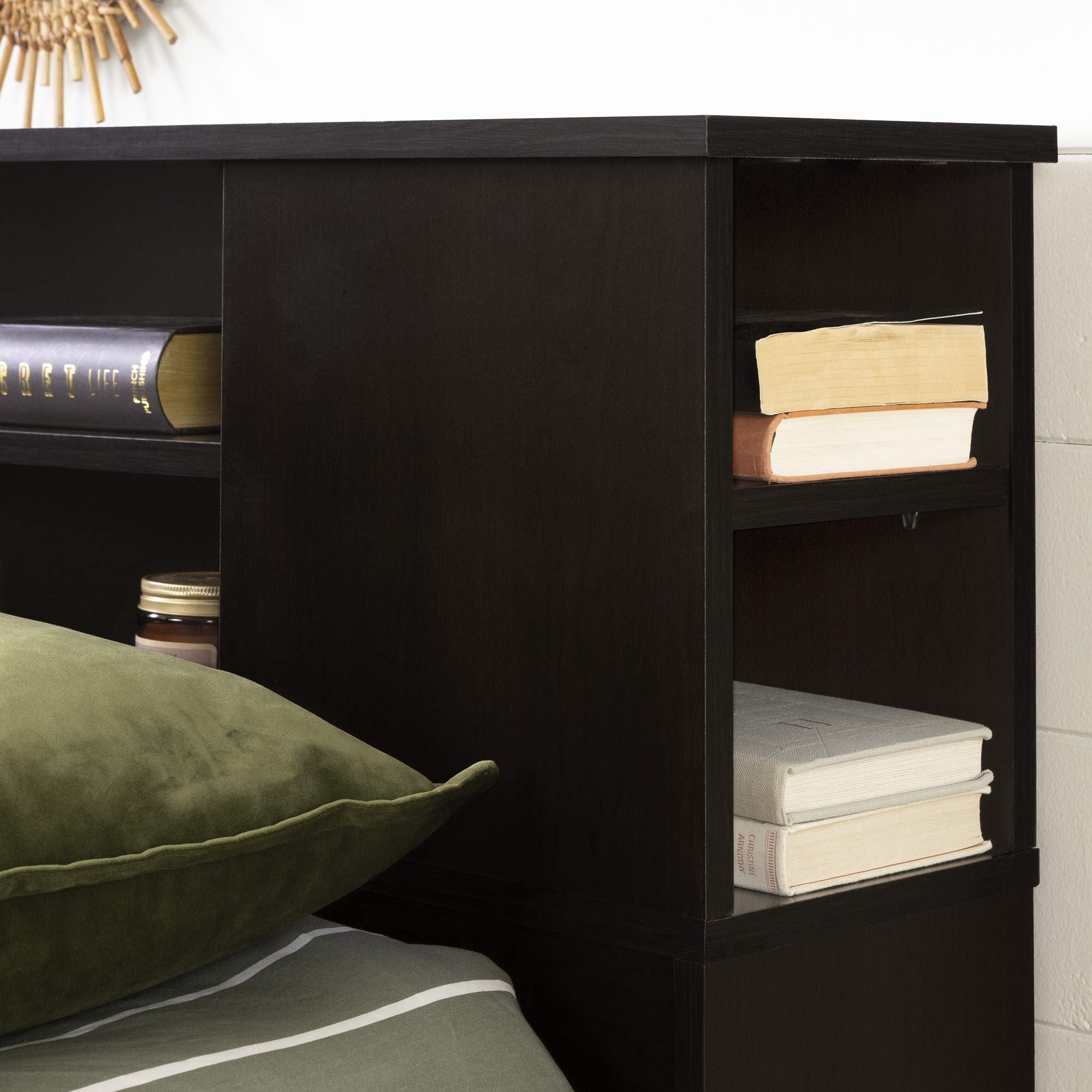 South Shore Vito Bookcase Headboard - Queen Size Bed with Storage, Chocolate Finish - Perfect for Small Bedrooms & Studio Apartments