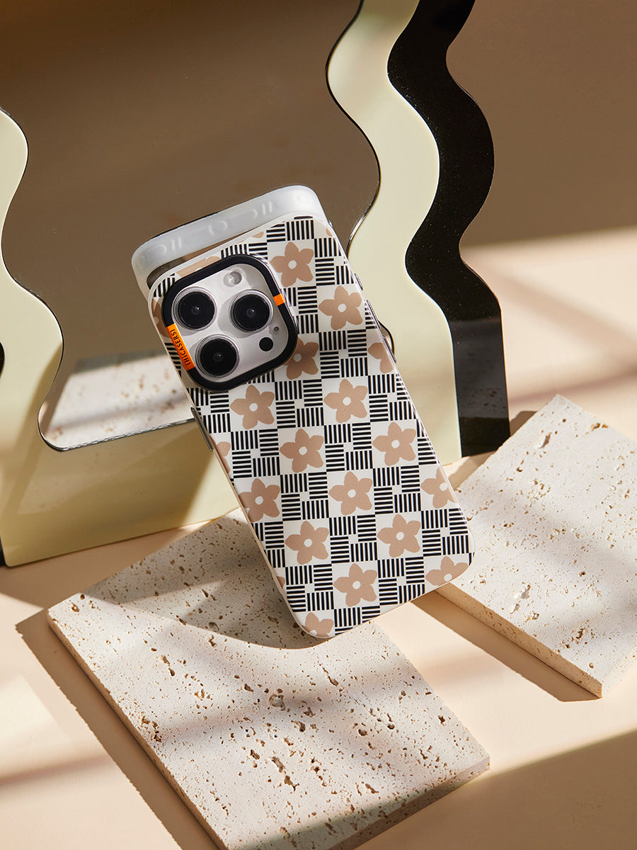 Stylish Windowpane & Blossoms Phone Case in Pale Brown - Perfect for Everyday Use, Work & Travel