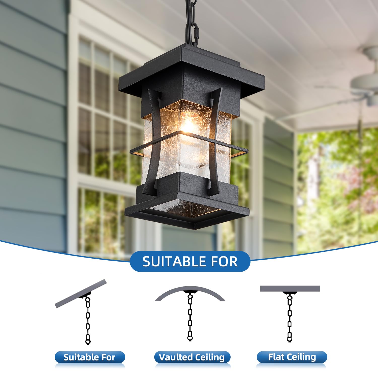 Motion Sensor Outdoor Pendant Light with Dusk to Dawn Auto On/Off - Adjustable Chain Hanging Lantern in Black with Seeded Glass - Perfect for Patio, Front Porch, Garden, and House Exterior Lighting