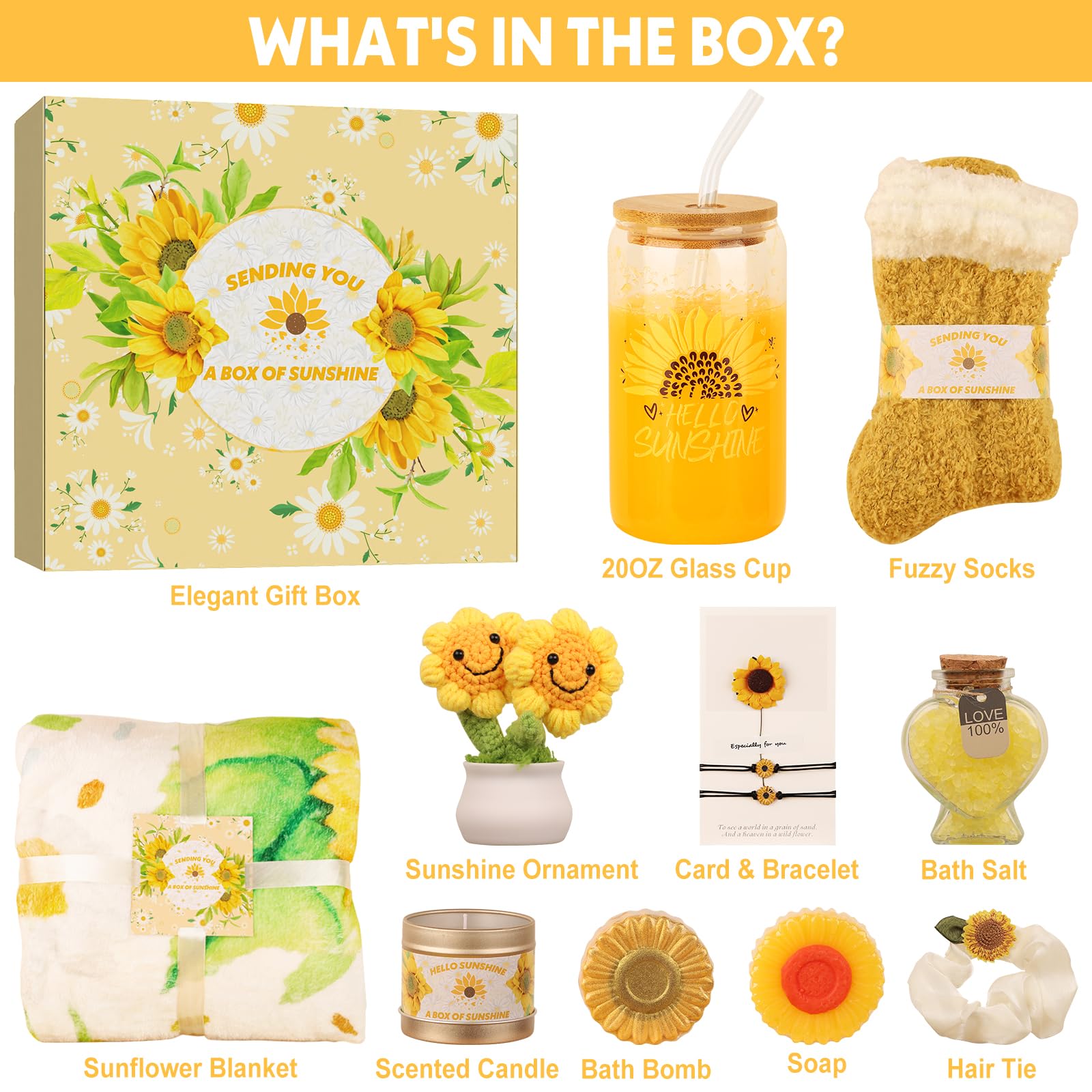 Sunflower Spa Gift Set for Women - 12 Piece Relaxation Sunshine Care Package with Luxury Blanket | Get Well Soon, Birthday, Thank You Gifts for Girlfriend, Sister, Mom, Wife | Perfect for Self-Care, Pampering, and Stress Relief