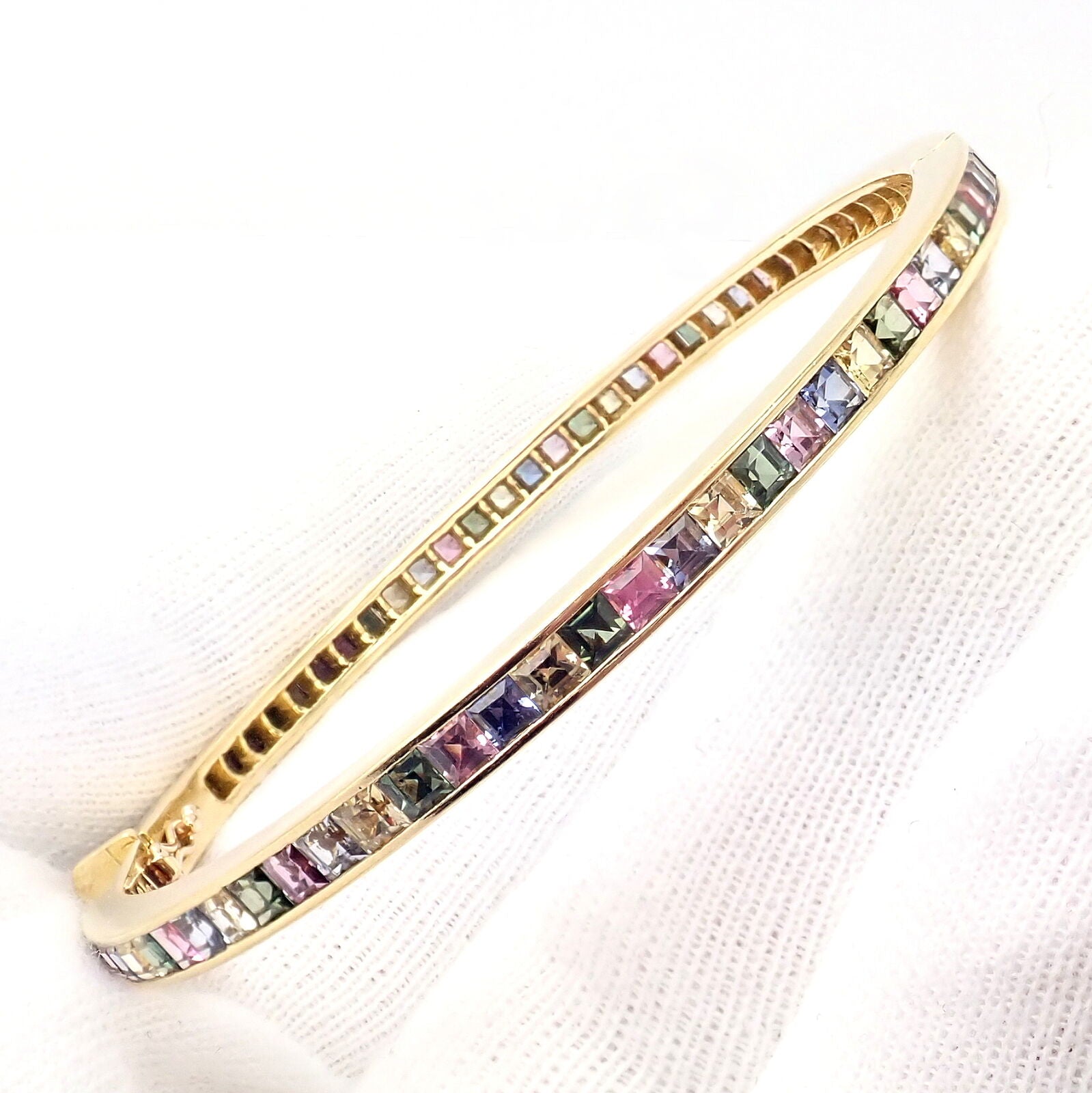 Authentic Julius Cohen 18K Yellow Gold Diamond & Pastel Gemstone Cuff Bracelet - Luxury Jewelry for Women, Perfect for Weddings, Parties & Special Occasions