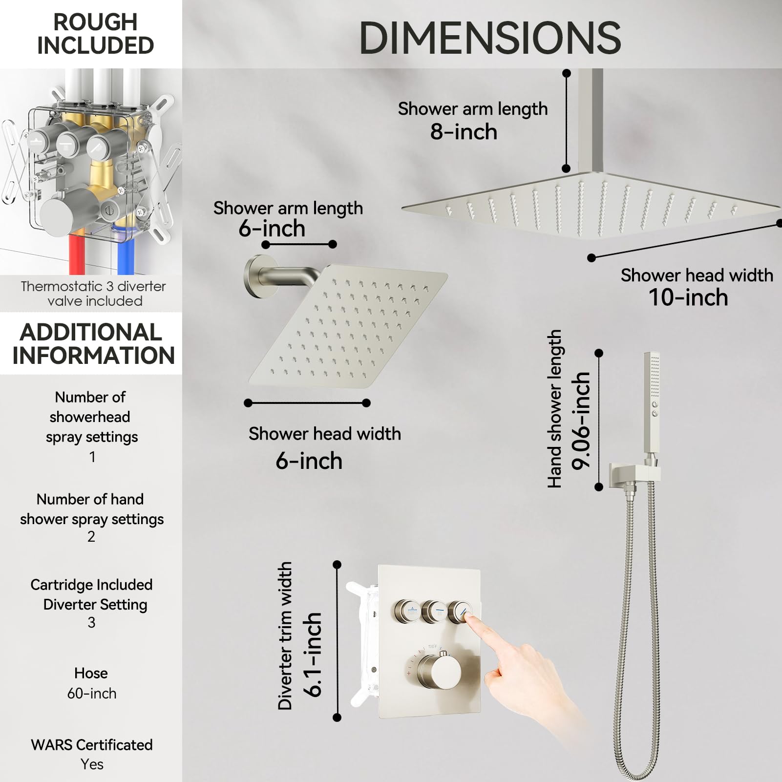 Brushed Nickel Thermostatic Shower System - 10